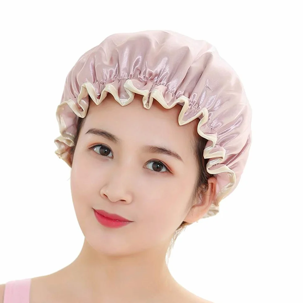 Lot de 2 bonnets de douche imperméables réutilisables double couche élastiques pour femme Rose Gris