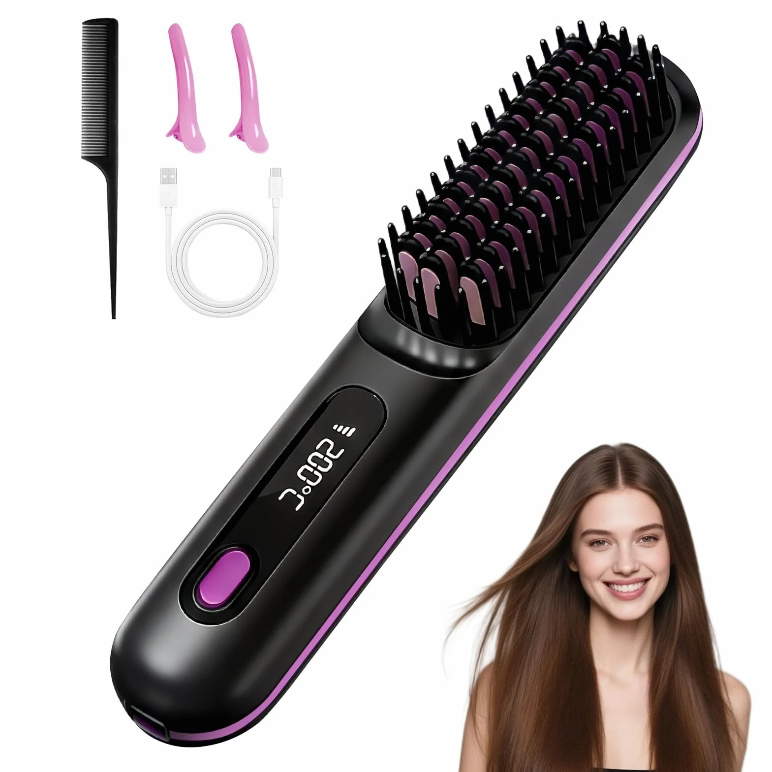 Brosse Chauffante Sans Fil Portable Mini Lisseur Cheveux Court Barbe | avec 3 Températures affichage LCD Peigne Lissant Céramique Anti-Brûlure pour Voyage Retouches Rapides Femme All Hair Type