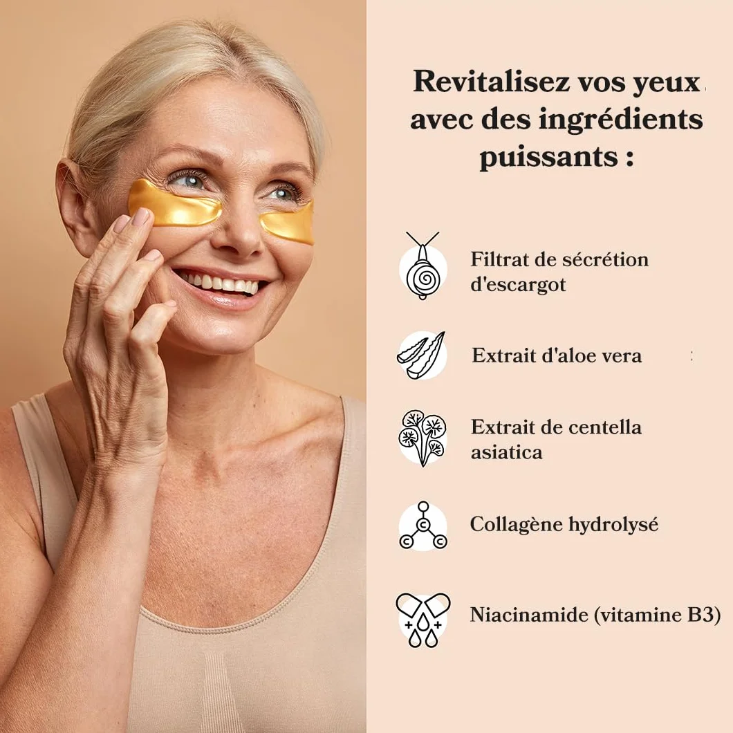 LE GUSHE Masque Yeux Anti Cernes à la Mucine d'Escargot en Or 24K Anti-âge Acide Hyaluronique Collagène 10 Paires