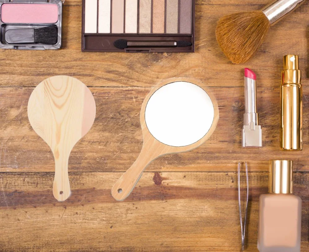 Miroir de Main avec Poignée en Bois, Miroir Coiffeur Portable pour Maquillage Coupe de Cheveux Rasage Soins du Visage