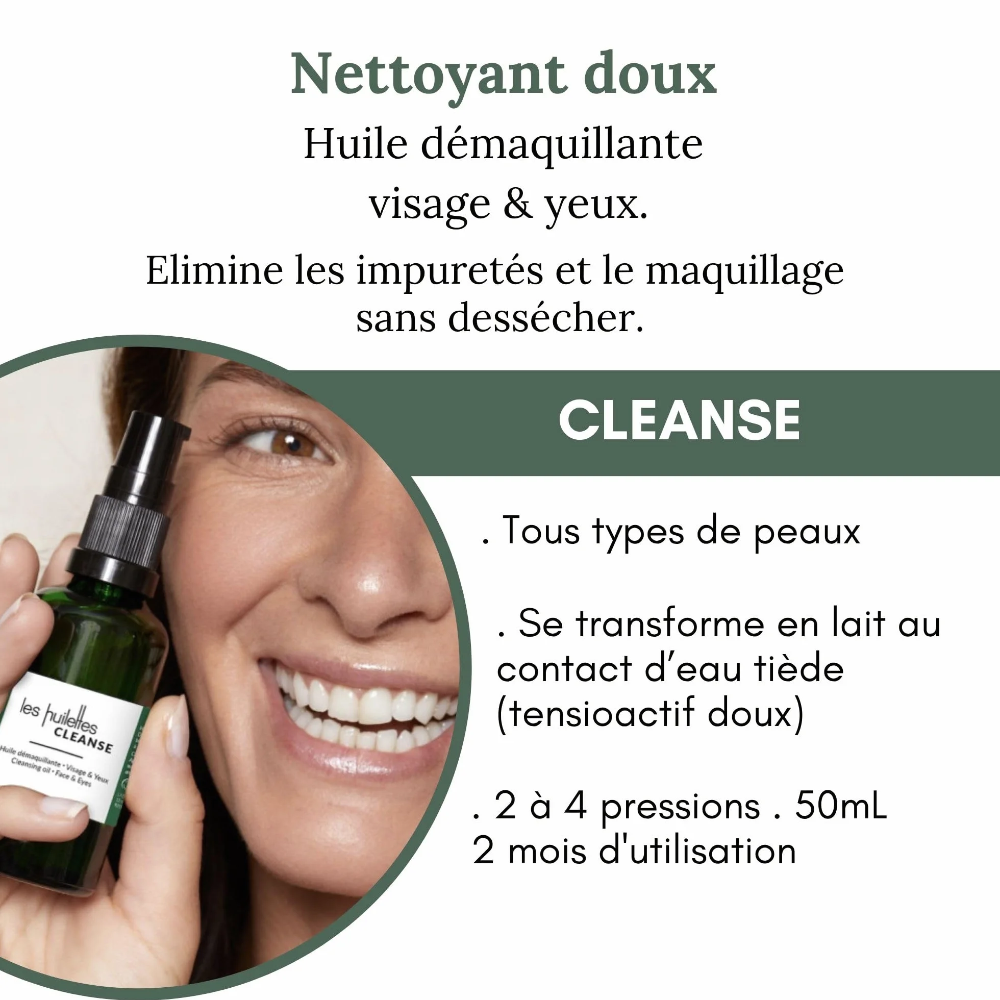 LES HUILETTES - Nettoyant Démaquillant CLEANSE - Tensio-actif doux - Nettoie en douceur le Visage et les Yeux - Tous types de peau - Epidermes Malmenés par des nettoyages agressifs - LAB ESSENTIEL