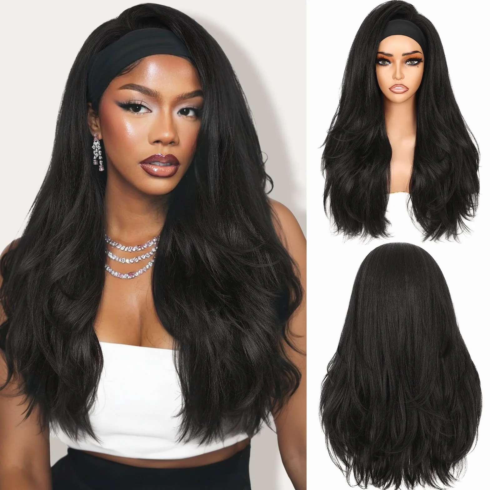 WIGNEE Yaki Curly Bandeau Perruque Synthétique Stratifiée Kink Droite Demi-Prête à Porter Sans Colle Bandeau Perruque pour Femmes Noires (1B, 66cm)