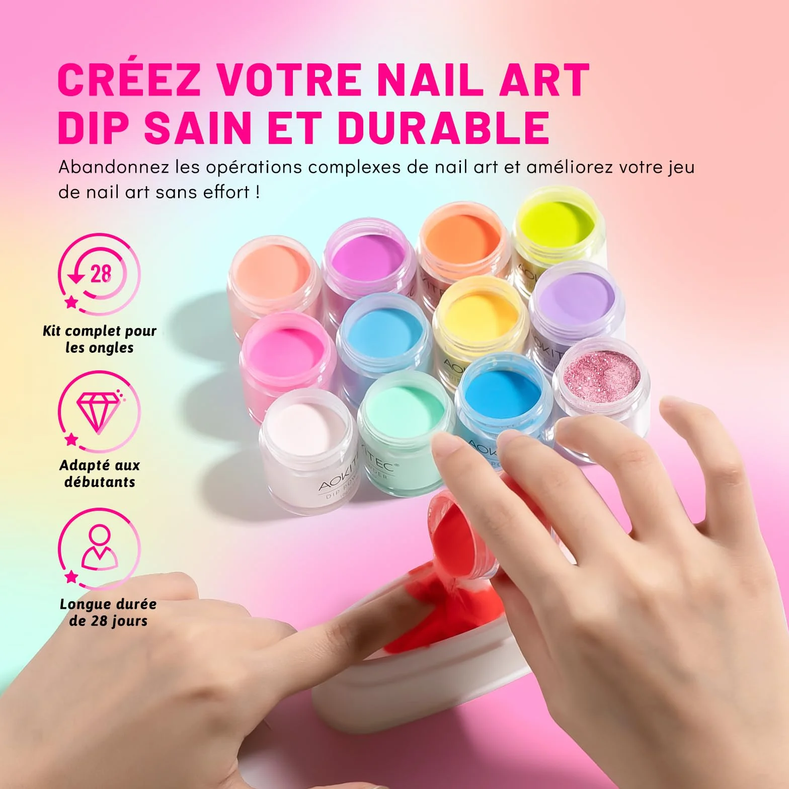 Aokitec Kit 36 poudres à ongles avec poudre de construction 20+1 couleurs activateur base tremper couche finition nail art