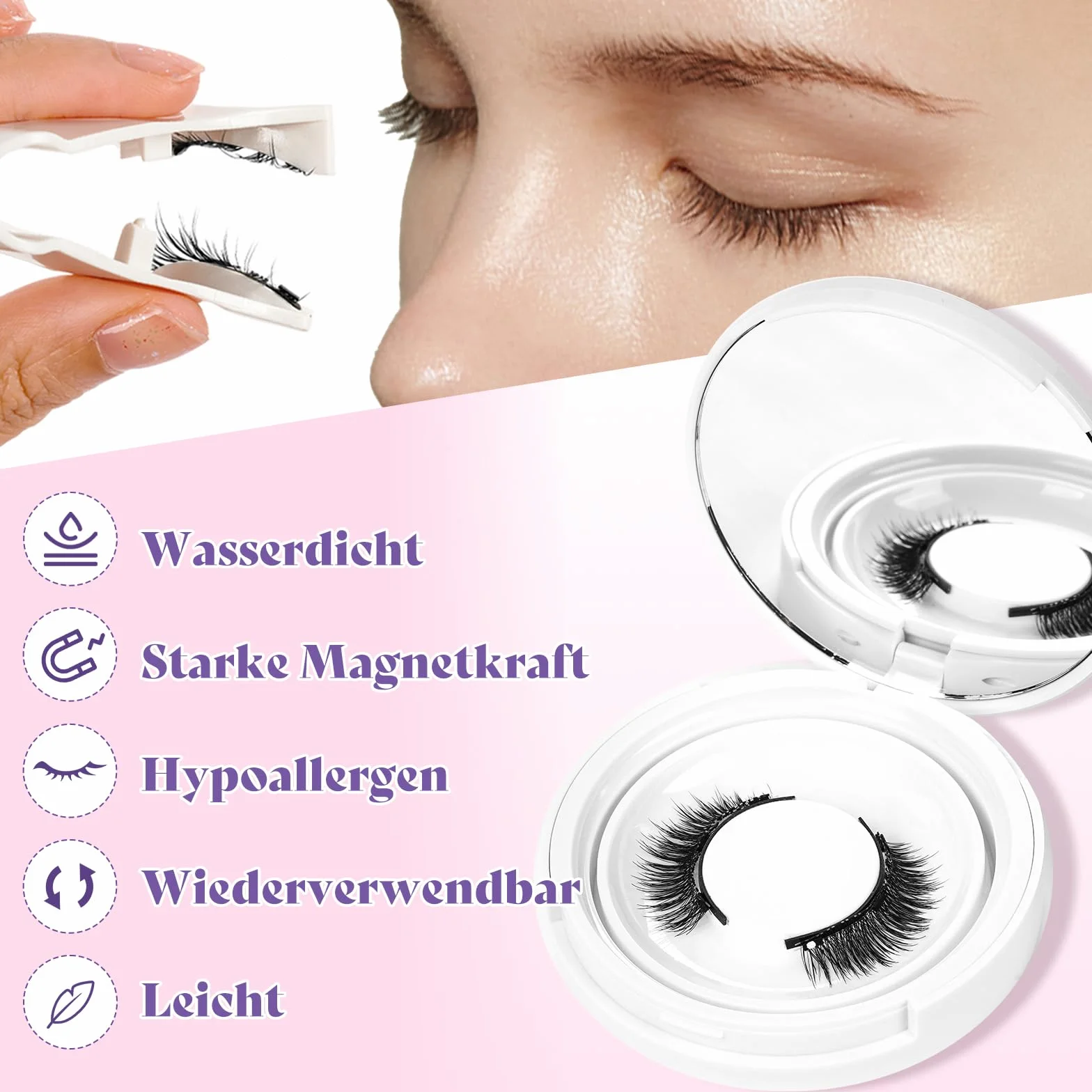 Kit de faux cils magnétiques avec applicateur, réutilisables effet naturel (DE09 Set-A)