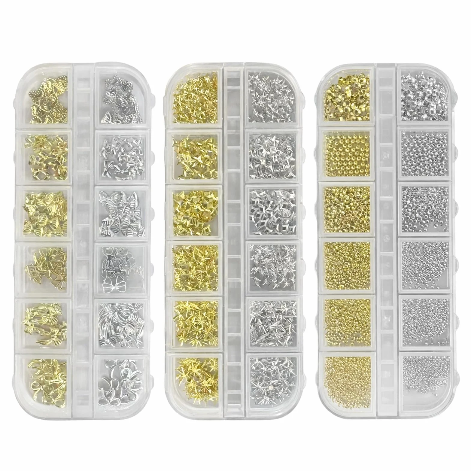 Kit Nail Art Strass Ongle Lot de 3 Boîtes 36 Types Étoile Dorée Argentée Perles Pince à Épiler