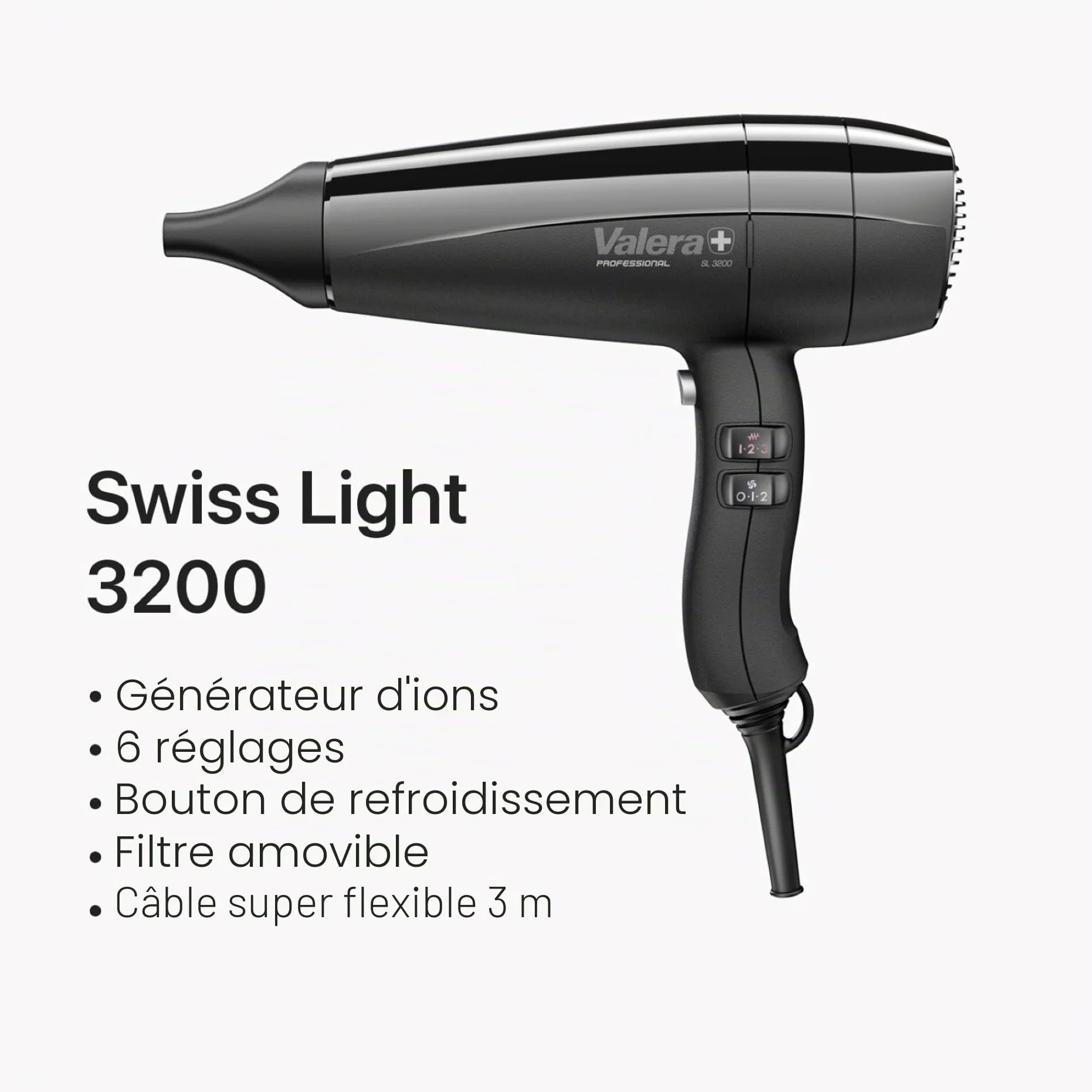 Valera, Swiss Light 3200 Sèche-cheveux professionnel léger avec 3 niveaux de température et bouton de refroidissement, filtre amovible, câble Super Flex, 1600 W, fabriqué en Suisse