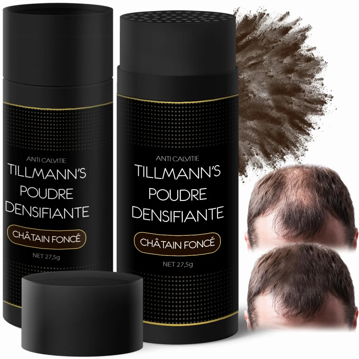 Tillmann's Poudre Cheveux Homme et Femme - Poudre Densifiante Barbe | Fibres Capillaires 27,5G - Châtain Foncé-Brun (2 Bouteilles)