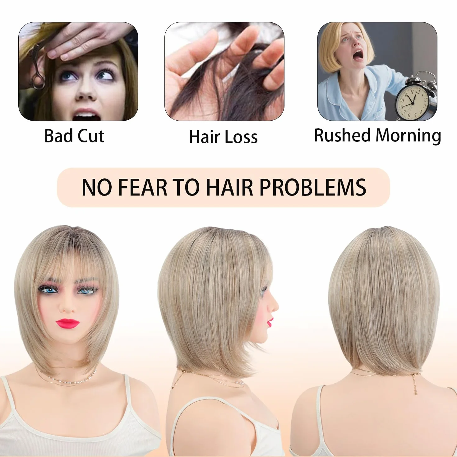 Perruque Femme Naturelle Perruque Bob Dégradée Court avec Frange Volume et Style pour Quinquagénaires Grand-mère Couvre Cheveux Blancs Perruques Synthétique Naturels Blond Clair Ombré