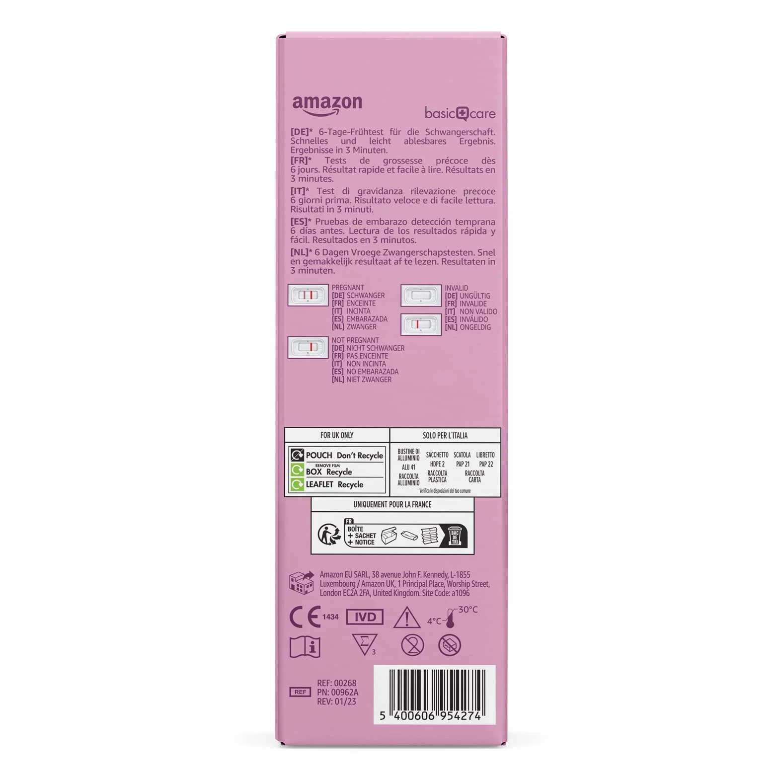 Amazon Basic Care Tests de grossesse Détection précoce 6 jours pack de 3 tests