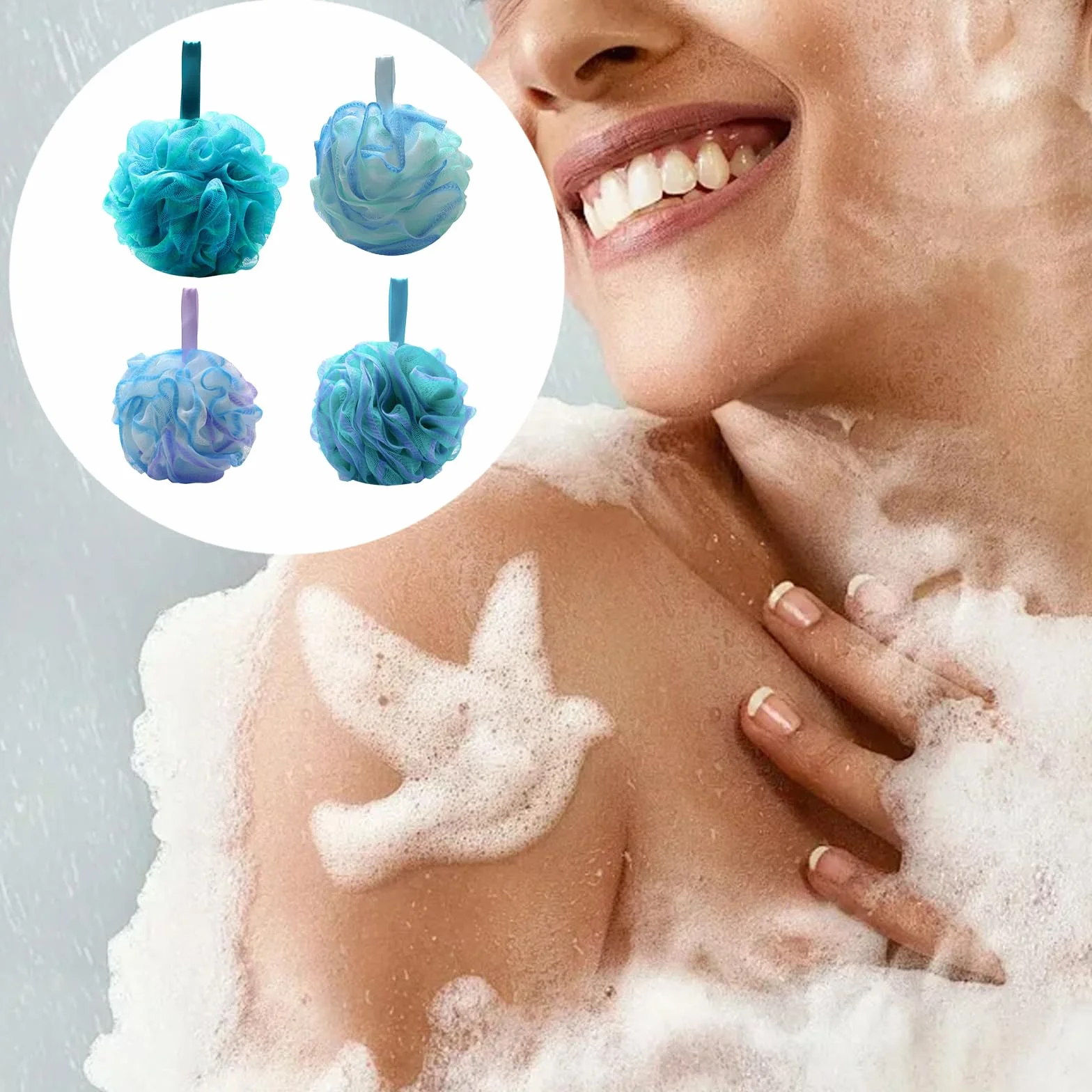 Éponges de bain en luffa pour gommage et massage du corps - Lot de 4 avec ruban - Maille douce motifs floraux