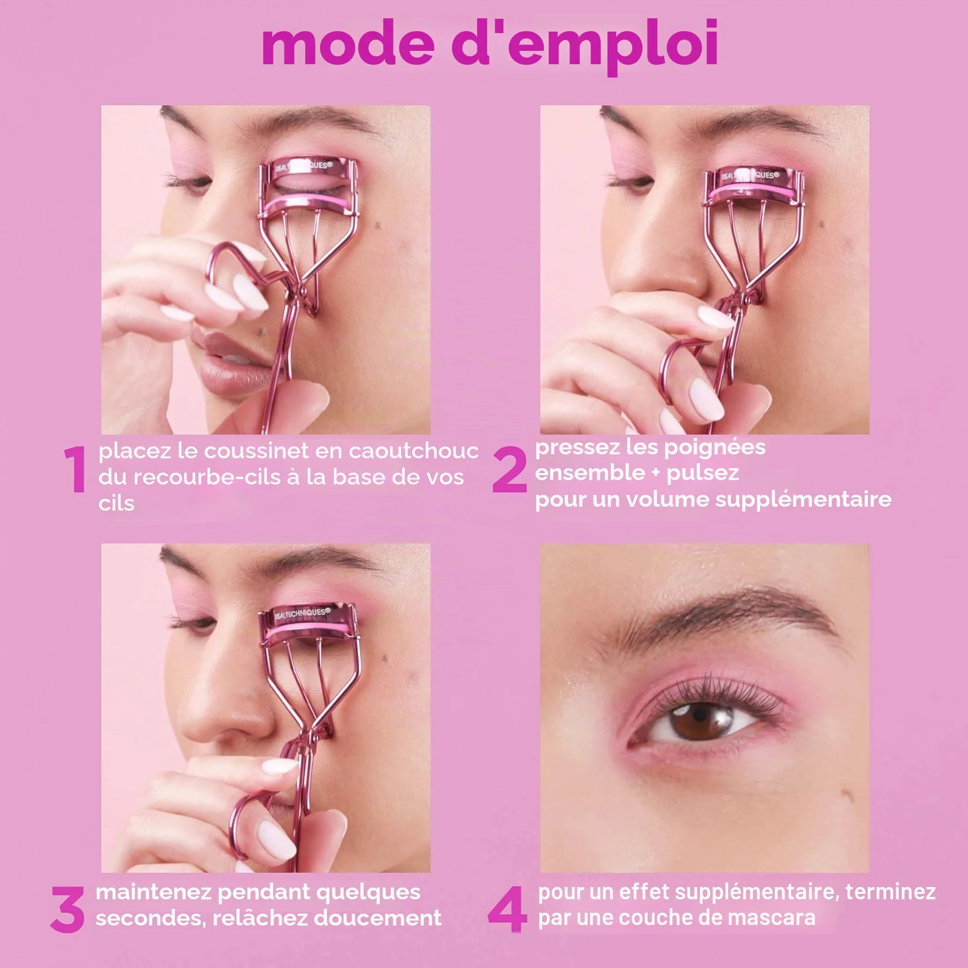 Real Techniques Recourbe-Cils Miracle, outil doux rose format voyage, cils liftés volume boost mascara