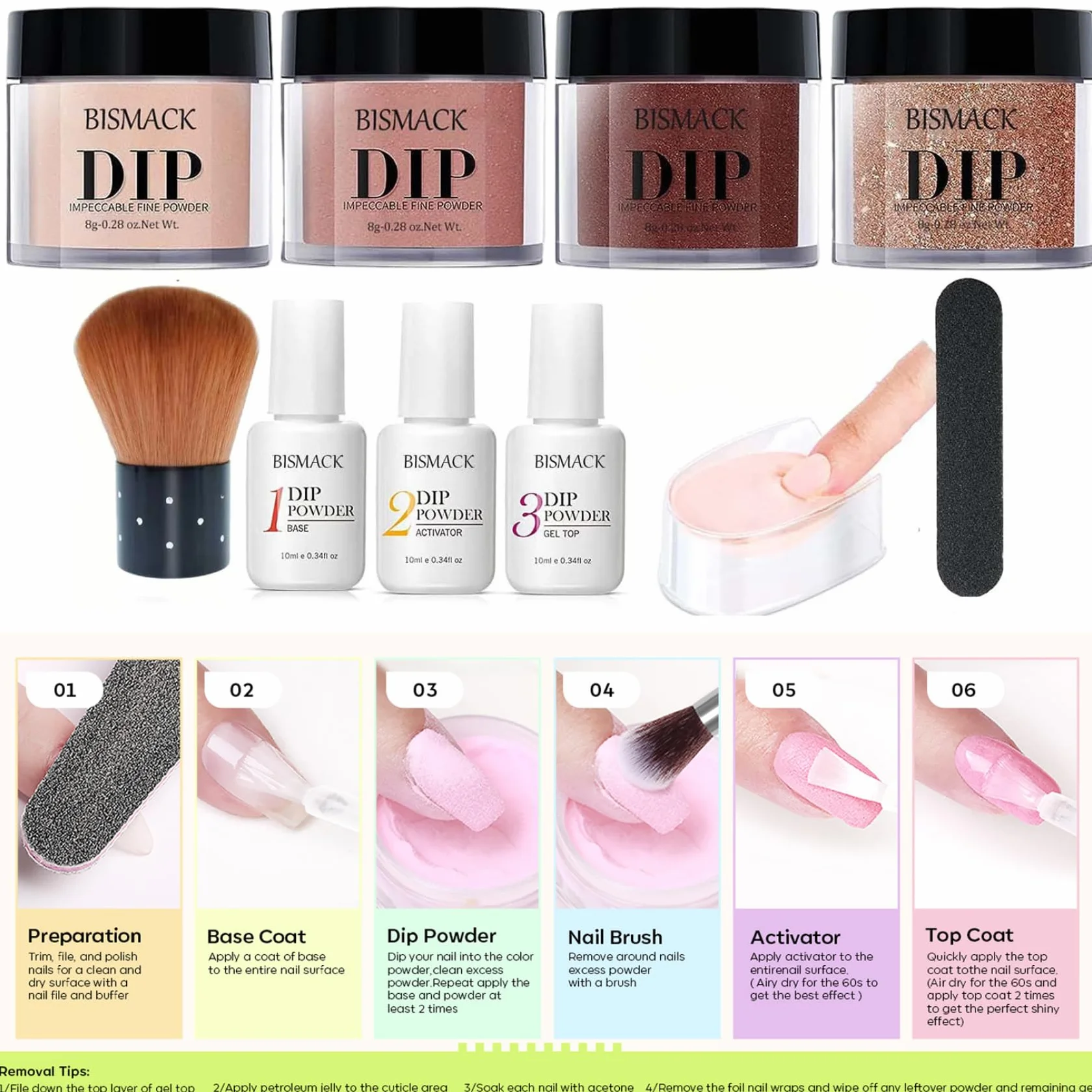 Kit de poudre de trempage pour ongles 10 pièces, 4 couleurs avec activateur base/couche finition, marron