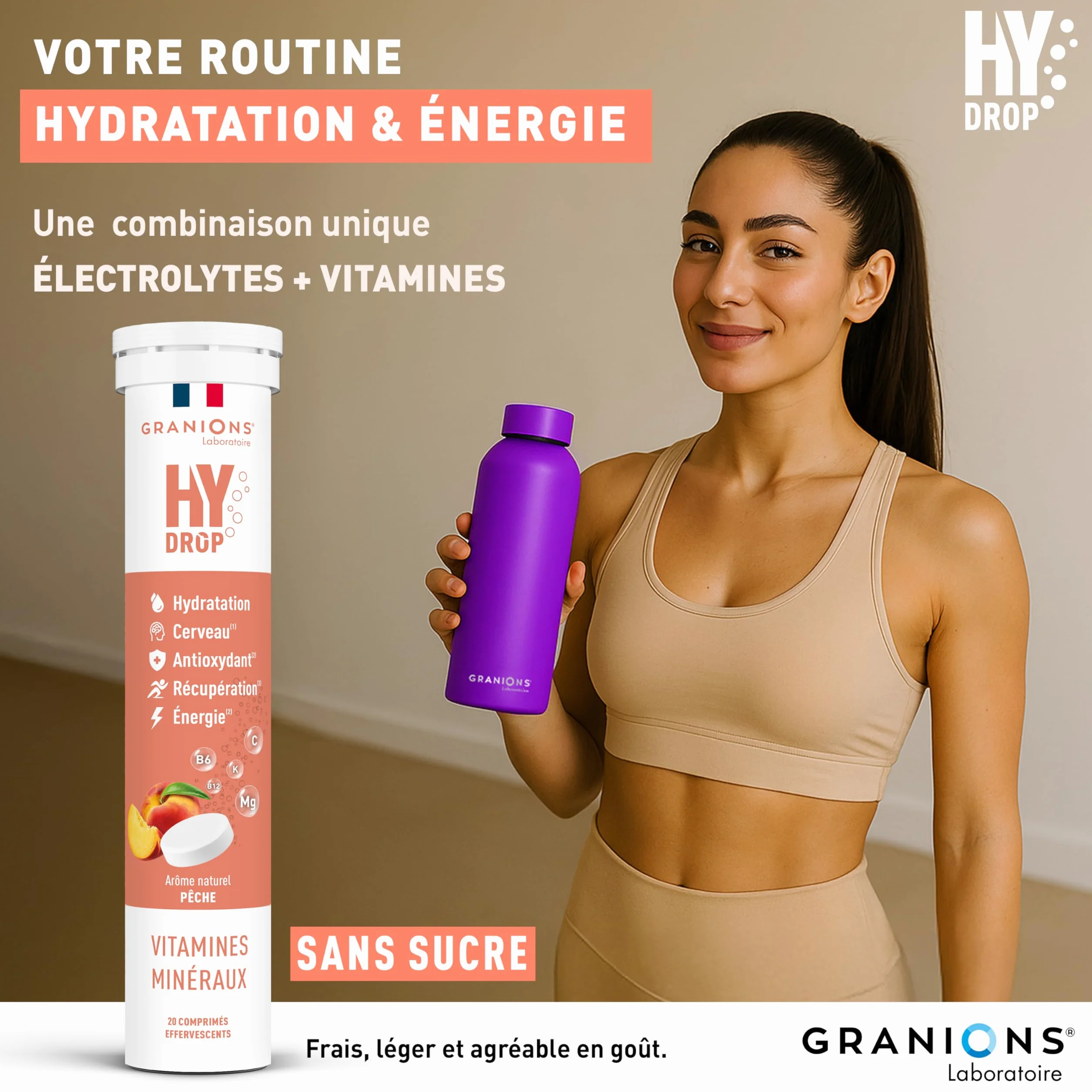 GRANIONS HYDROP Pastilles Hydratation Pêche Sans Sucres Électrolytes Magnésium 20 Pastilles Effervescentes