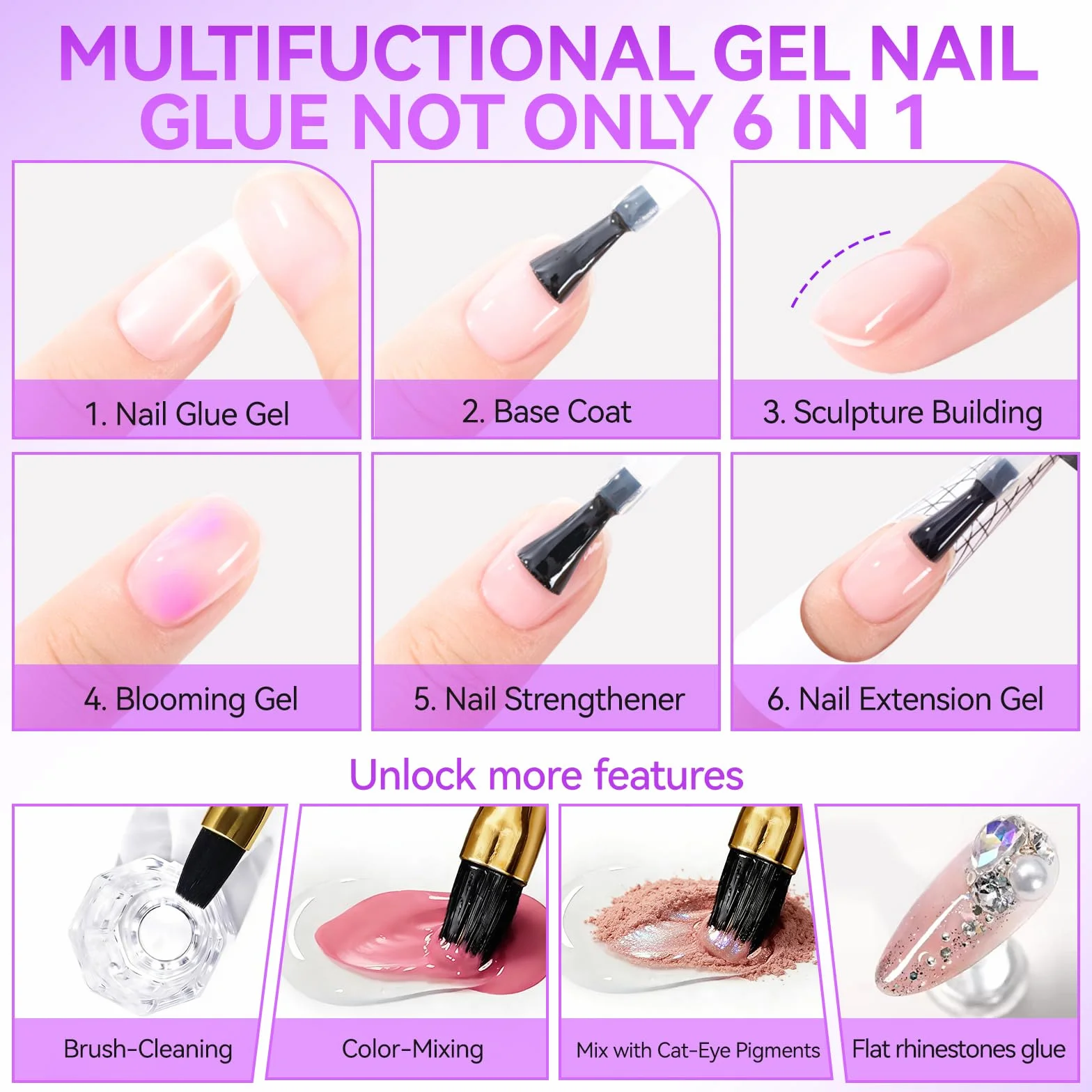 Gelike ec Colle Faux Ongles Gel 6 en 1 - Gummy Base Pose Americaine UV Builder 8ml