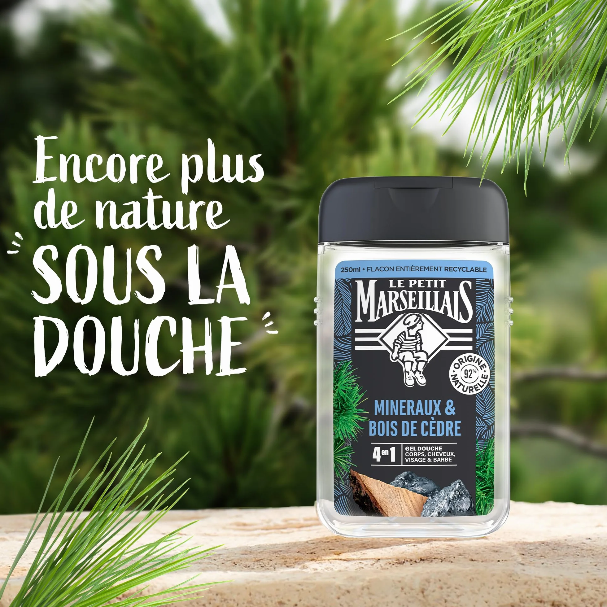Le Petit Marseillais Gel Douche Homme Minéraux & Bois de Cèdre 250 ml 4 en 1 Corps Cheveux Visage Barbe 92% Ingrédients Naturelle pH Neutre
