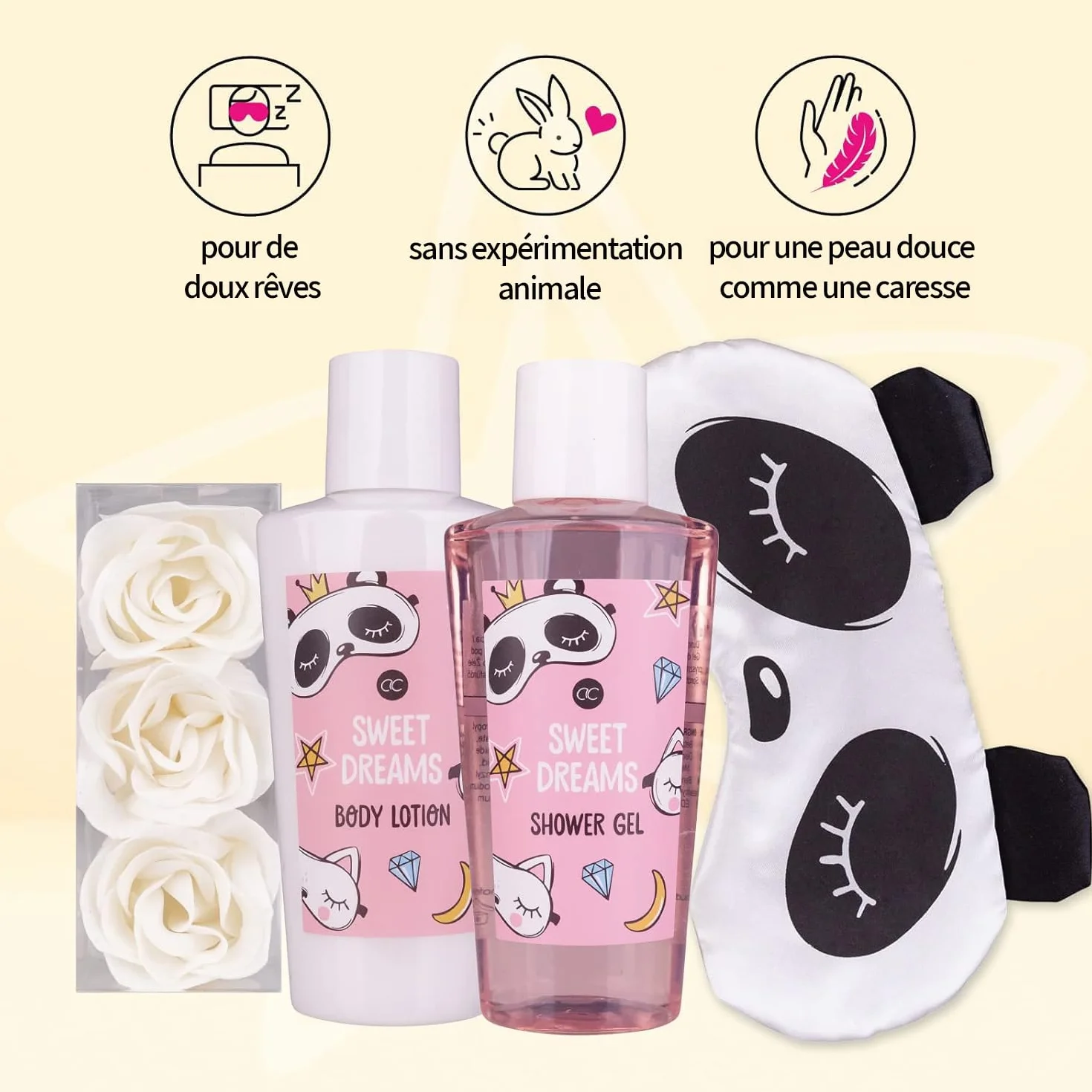 Coffret beauté Sweet Dreams masque de sommeil panda gel douche lotion corps confettis bain rose