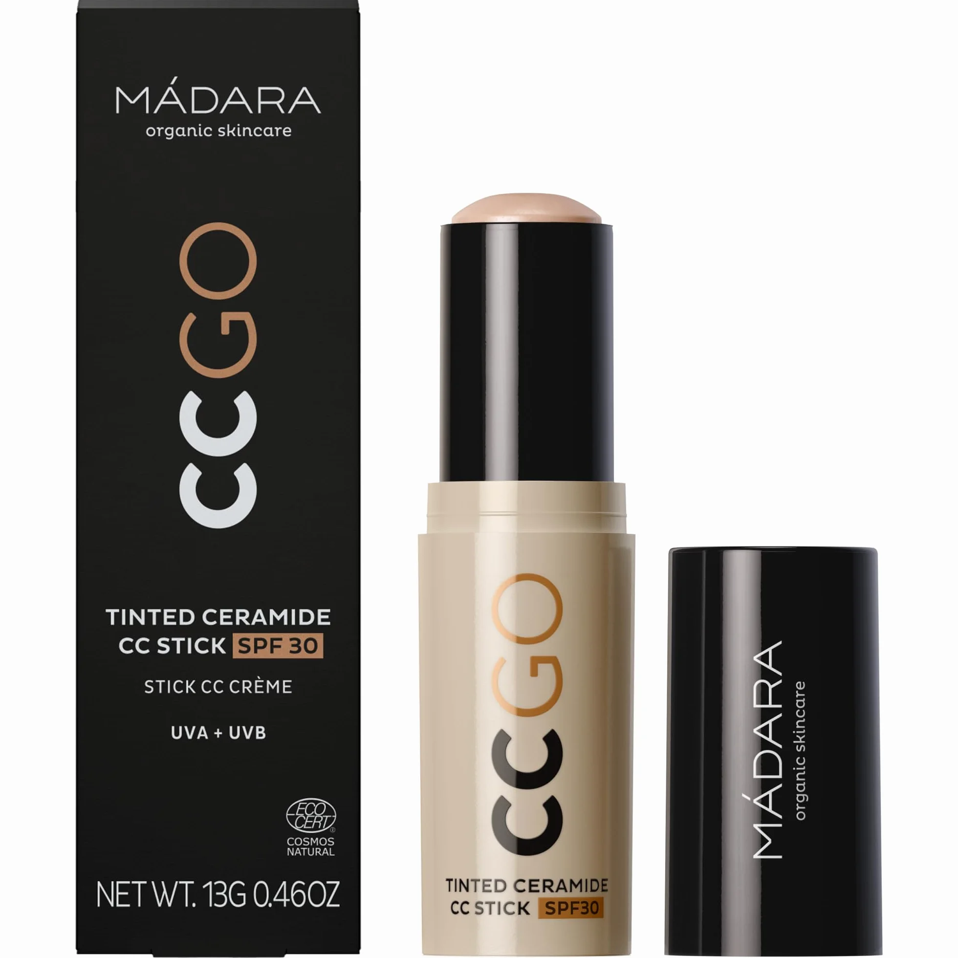 MÁDARA CC GO Bâton de fond de teint 3 en 1 en céramique teintée CC SPF30 True Beige Protection solaire minérale Correction des couleurs