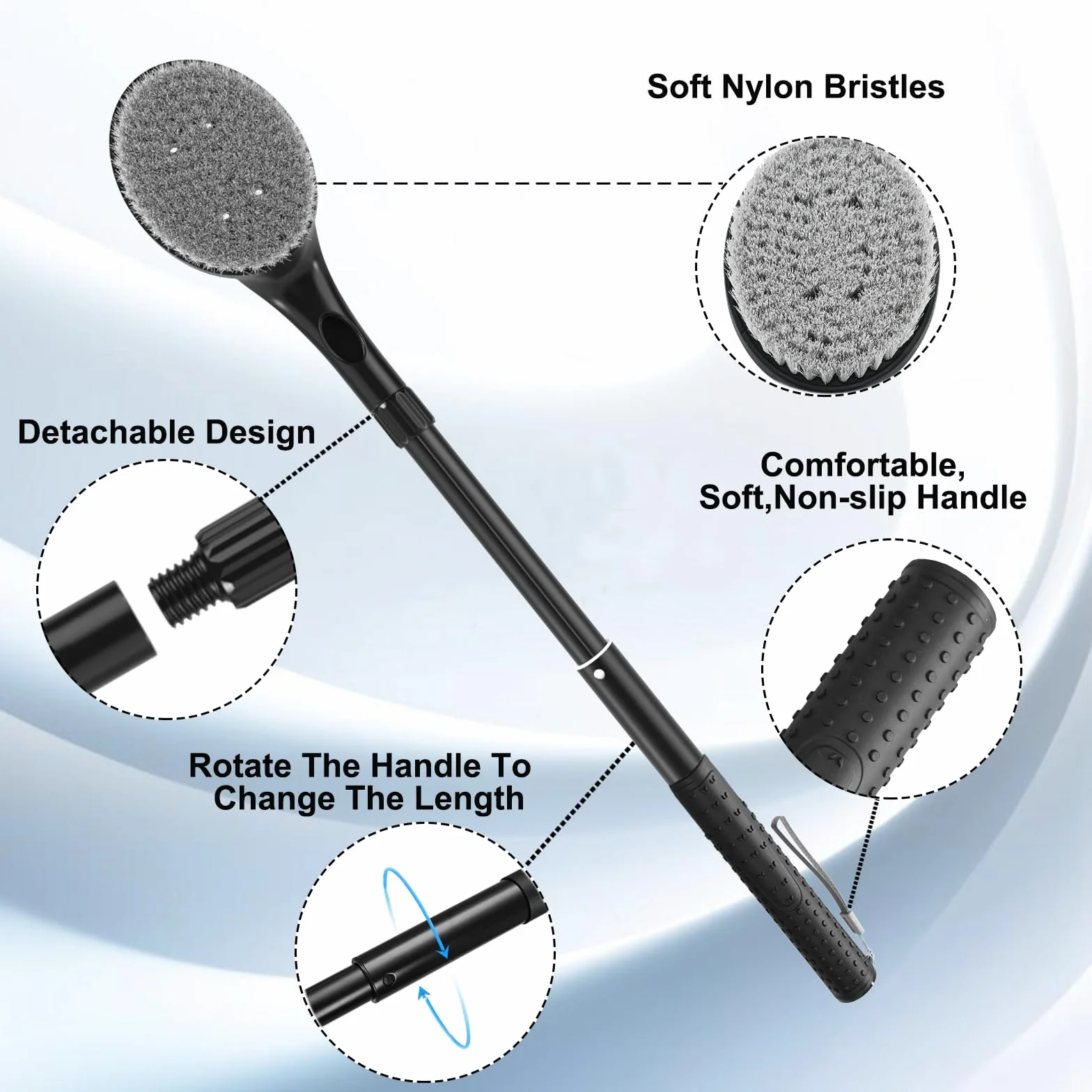 Gobiteli Brosse de douche pour le dos pour douche, 63,5 cm de long manche pour exfoliant le corps et nettoyage en profondeur, brosse à dos pour homme, femme et personnes âgées