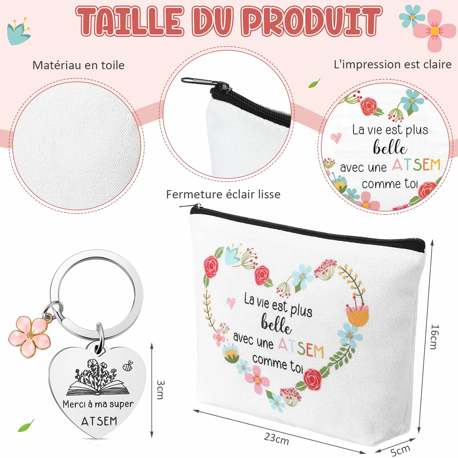 Hestya Trousse de Maquillage Pochette Toilettes Porte Clés Stylo à Bille pour Maitresse d'École ATSEM AESH Fin d'Année Cadeaux Merci