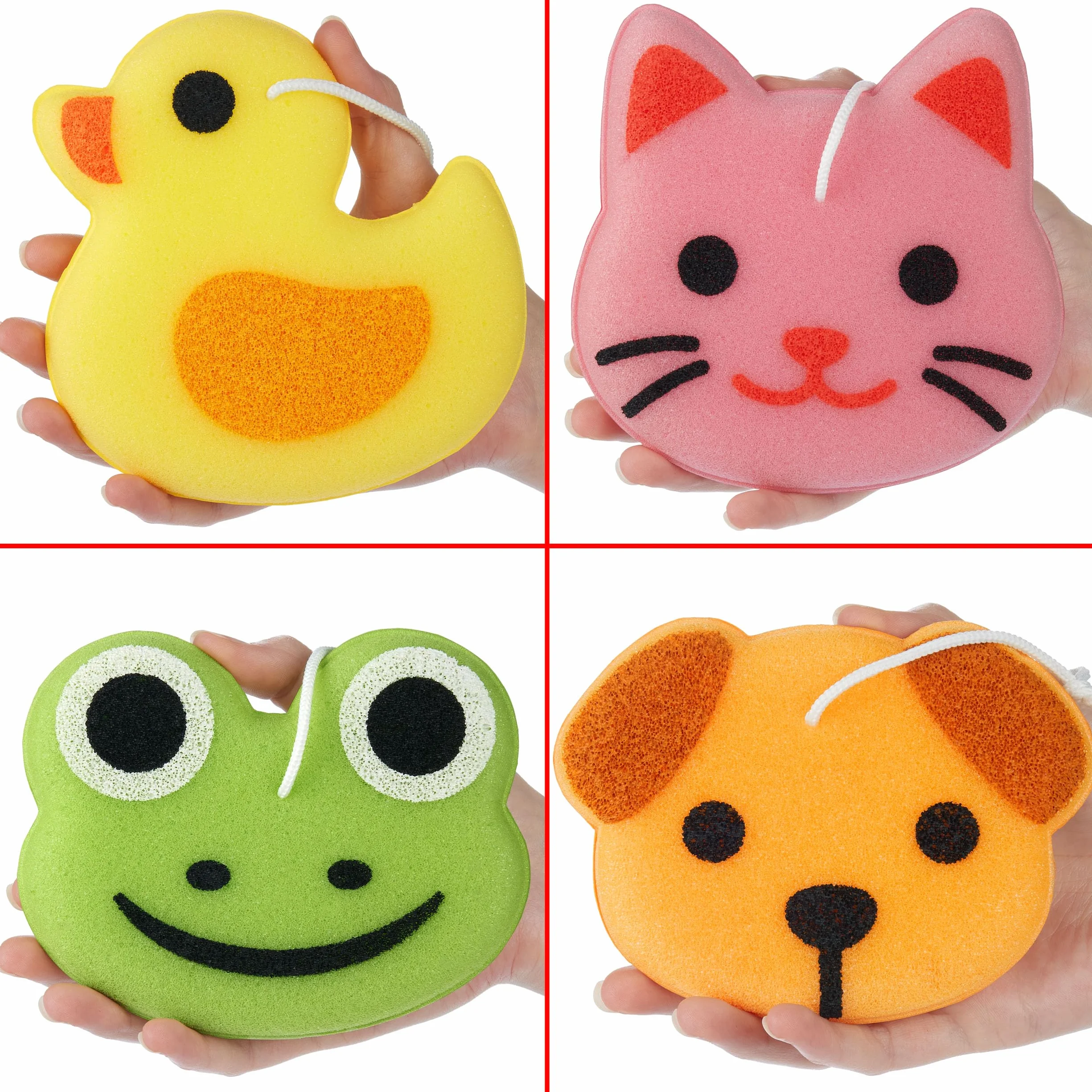 BRUBAKER Set de 4 Animaux Éponges de Bain - Éponge de Savon pour Enfants et Adultes - Canard, Grenouille, Chien et Chat - Pelote de Bain incl. Boîte Cadeau