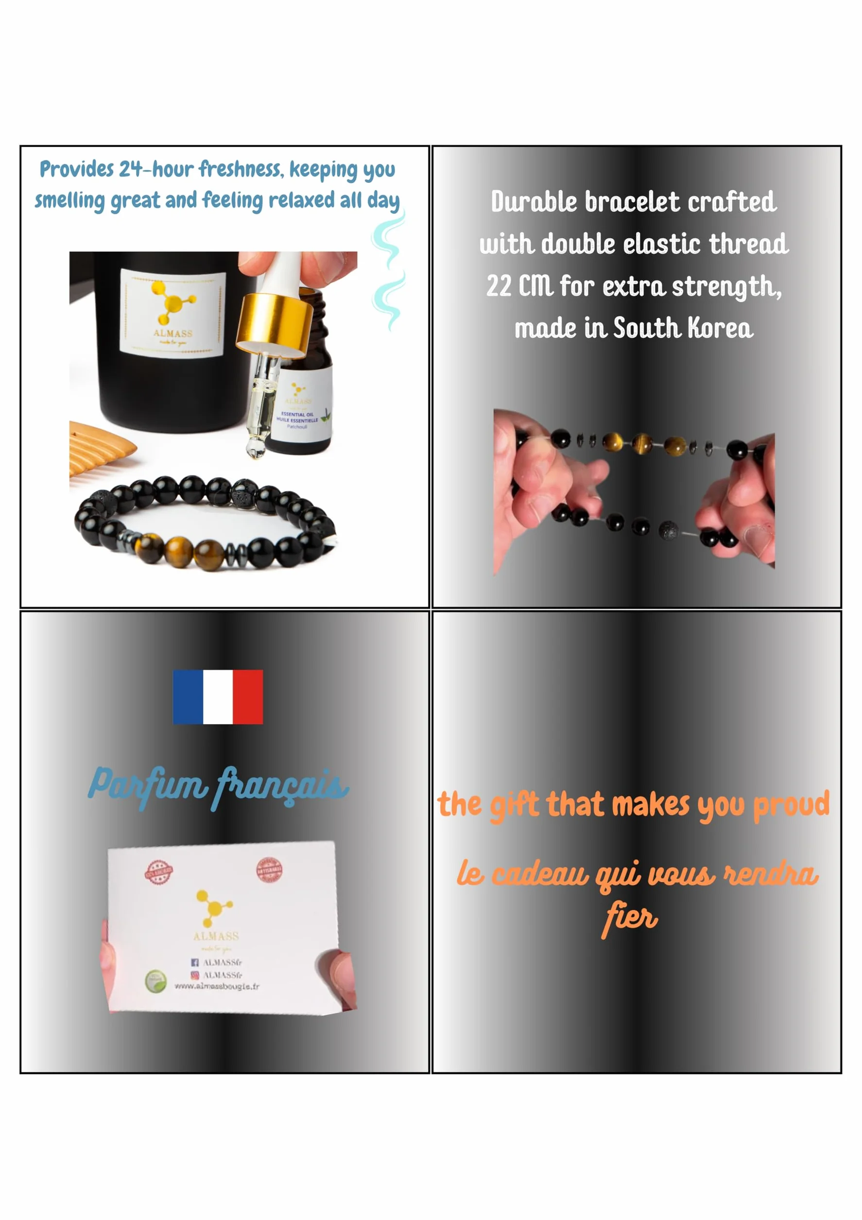 coffret cadeau homme - bijoux homme - ideaa cadeau original : Bougie OUD 100% Naturelle + Bracelet pierres Naturelle Diffuseur huile essentielle + 5ml PATCHOULI+ Peigne en Bois