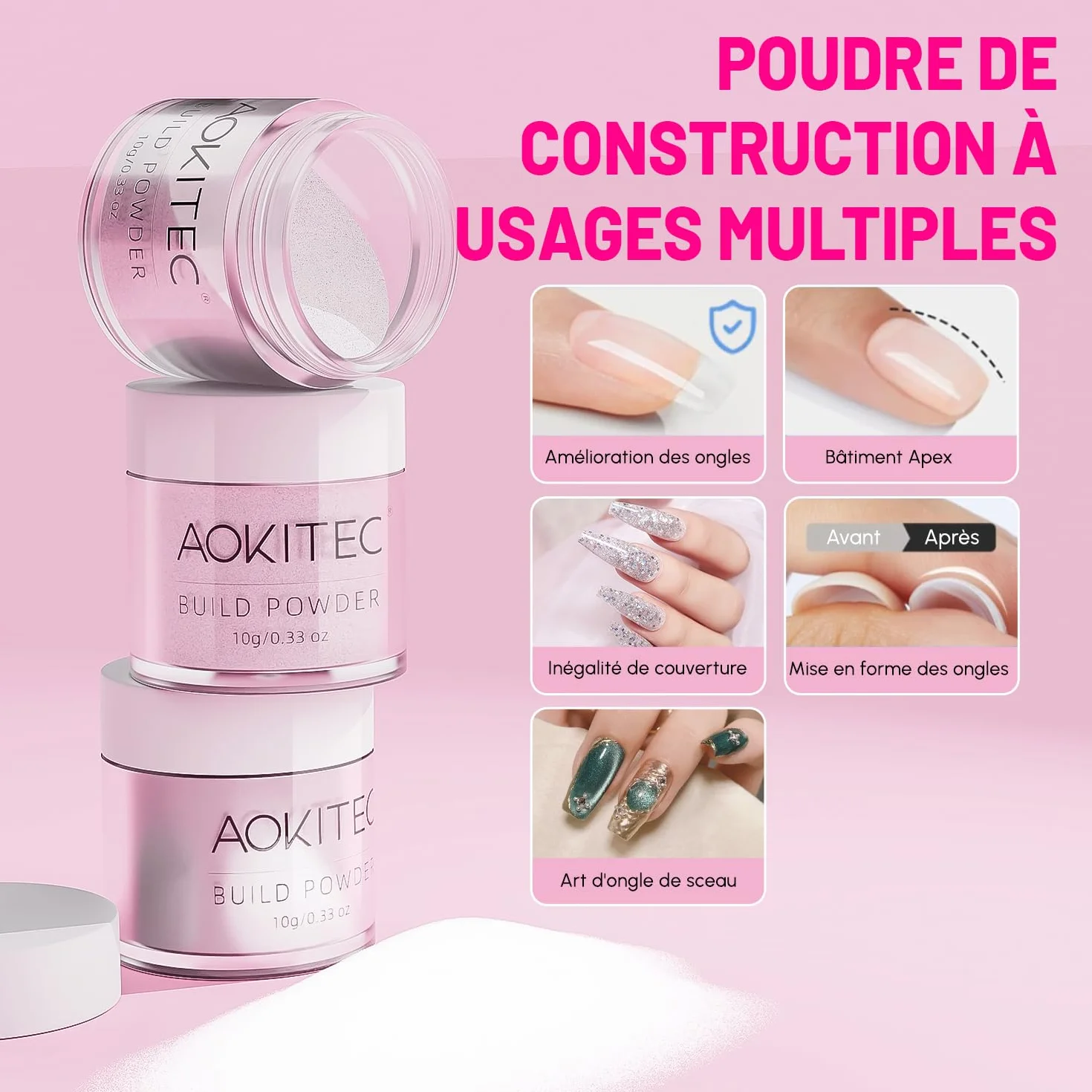 Aokitec Kit 36 poudres à ongles avec poudre de construction 20+1 couleurs activateur base tremper couche finition nail art