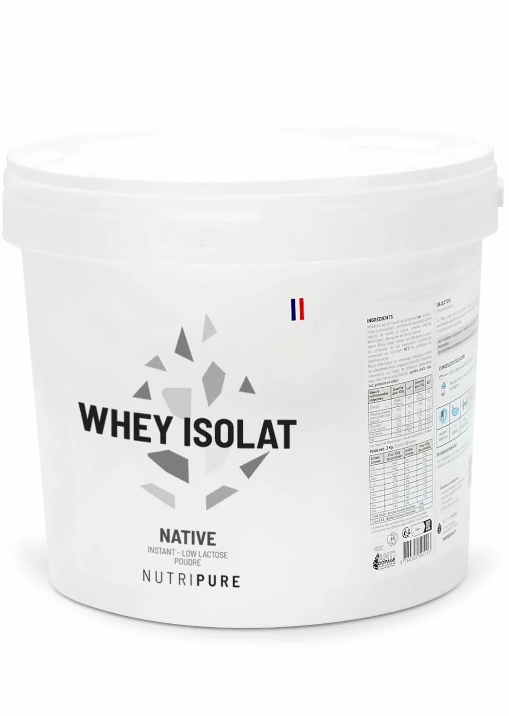 Nutripure Whey Isolate Native 94% Protéines 20% BCAA 41% EAA Sans Lactose Pot 2 kg