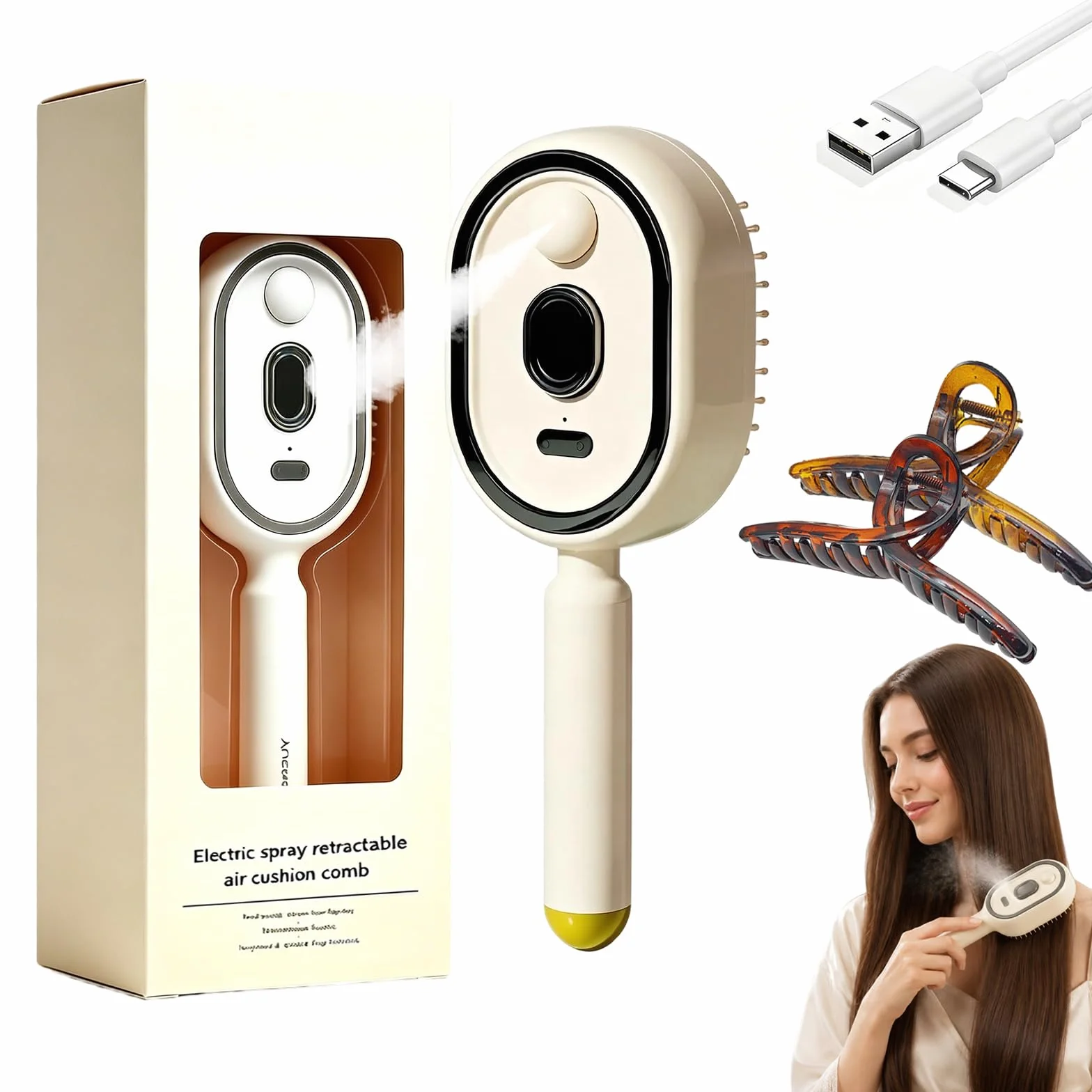 Brosse à cheveux électrique massante avec coussin d'air et brumisateur, 2 en 1, démêlante et brumisatrice avec poils rétractables, utilisable sur cheveux secs ou mouillés (White,1)