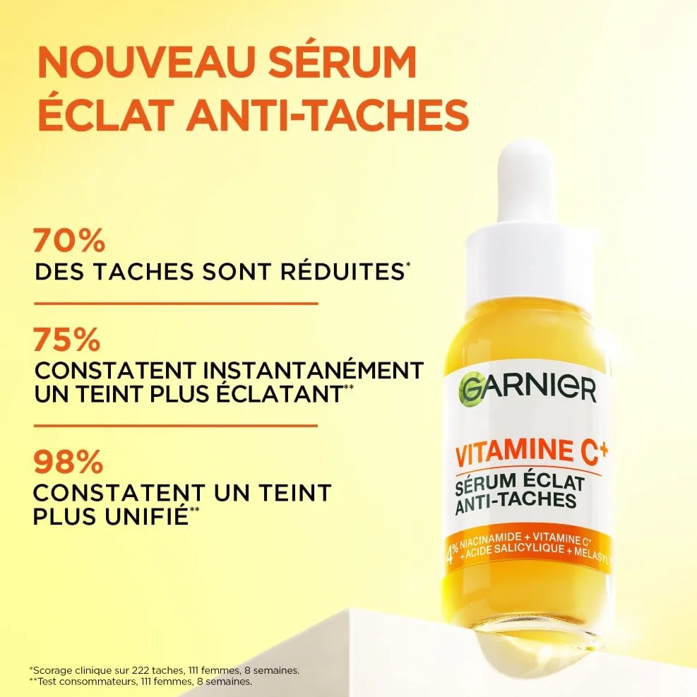 GARNIER Skin Active Vitamine C Sérum Éclat Anti-Taches Brunes 4% Niacinamide Vitamine C Acide Salicylique Melasyl 30 ml