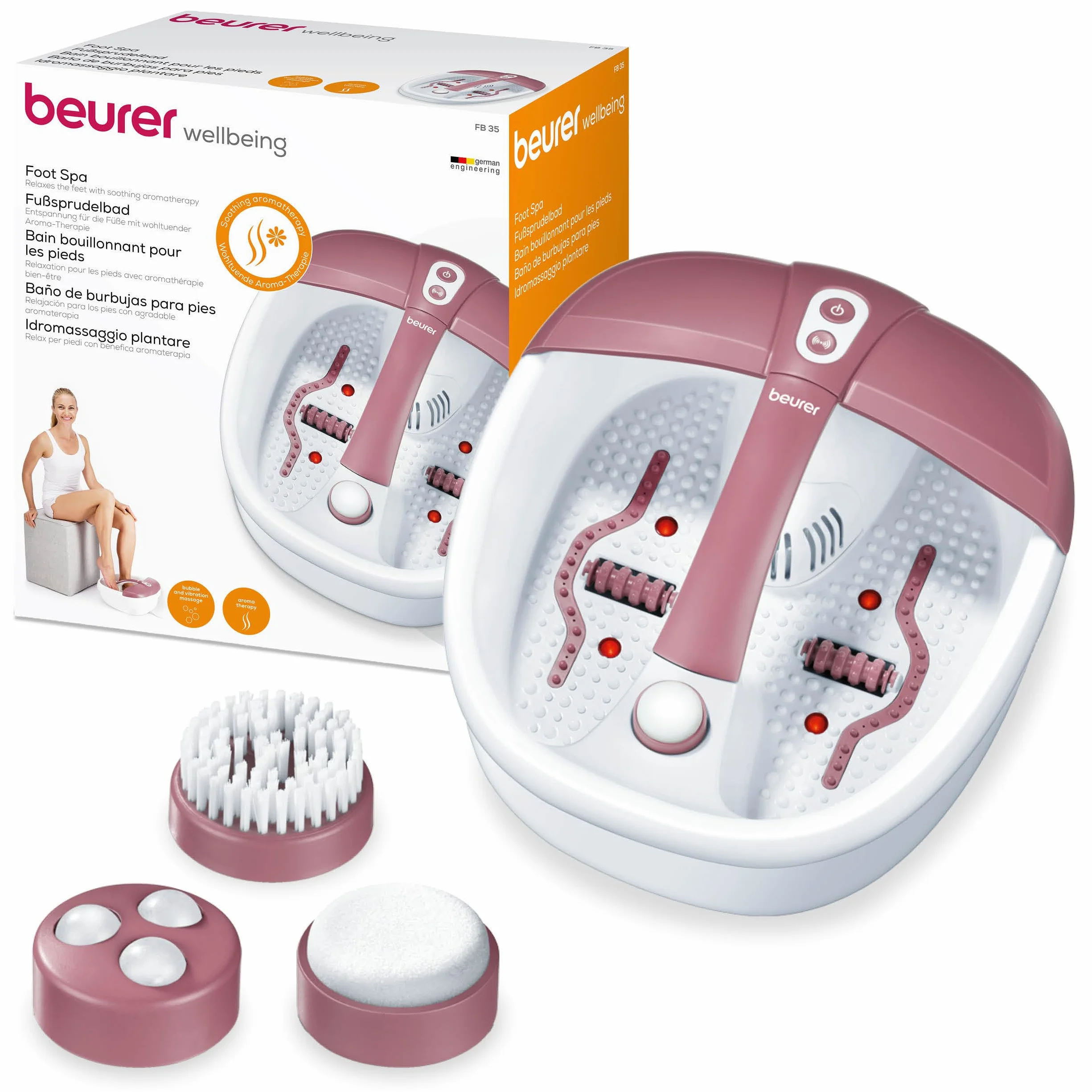 Beurer FB 35 bain de pied massage vibrations bulles 3 embouts pédicure interchangeables maintien température aromathérapie pointure 44