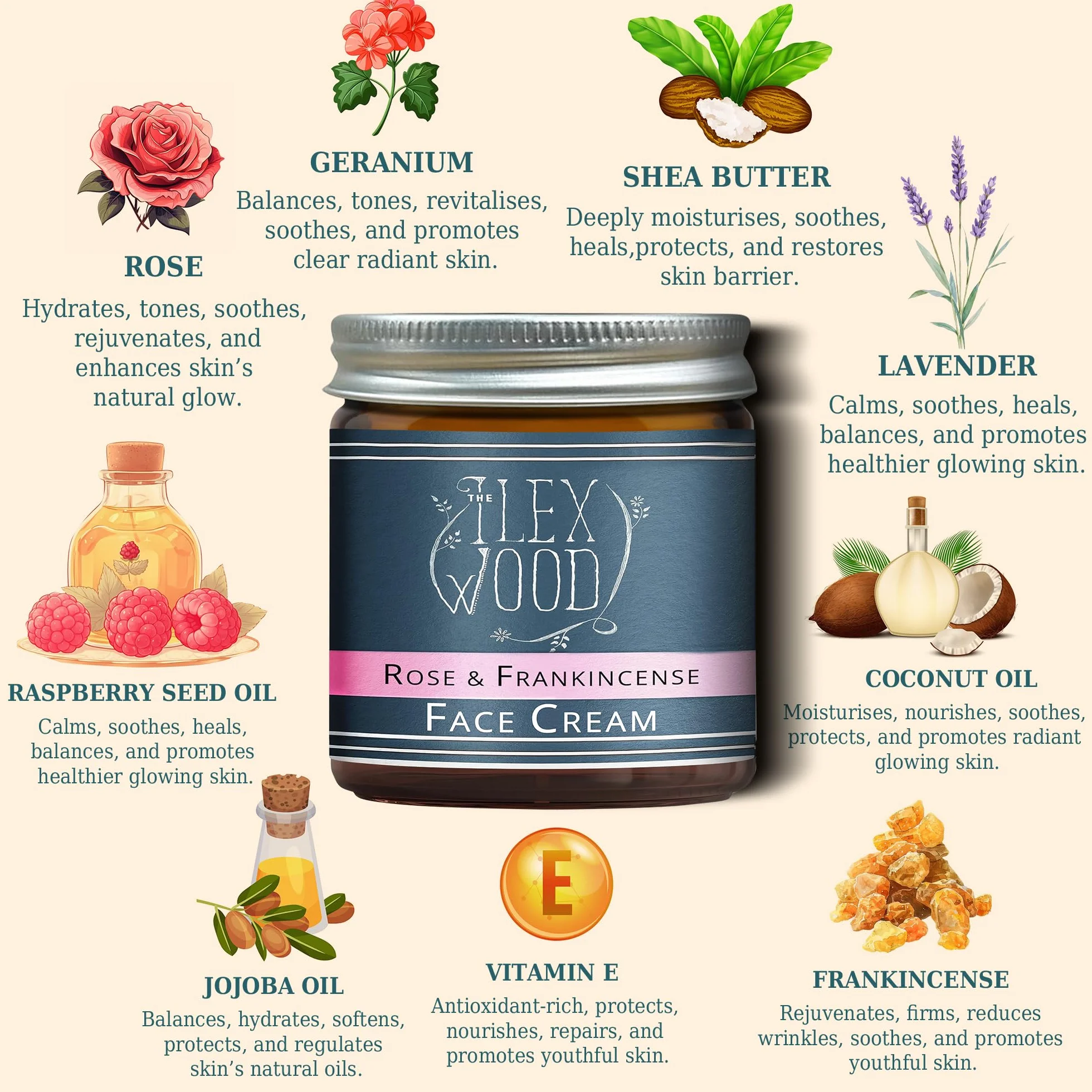 Crème visage anti-âge hydratante à la rose et à l'encens Ilex Wood 60 ml naturelle Végane