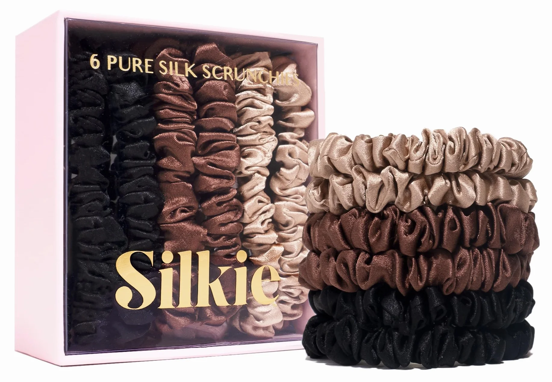 SILKIE Skinny Scrunchies Lot de 4 chouchous élastiques doux pour cheveux anti-casse en 100% pure soie de murier idéal pour tous cheveux bouclés raides épais fin avec pochette de voyage (Truffle)