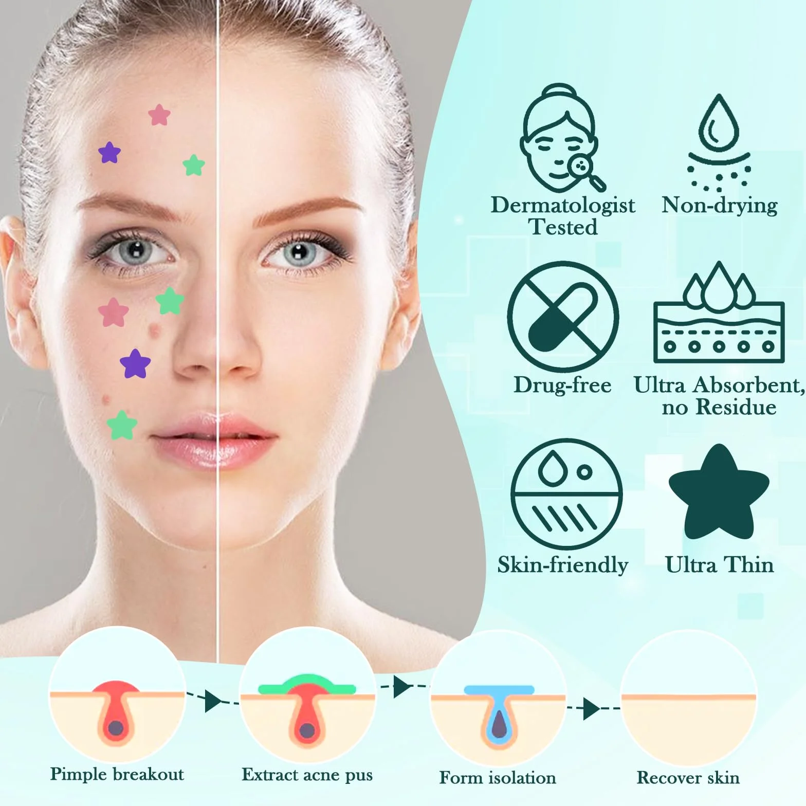 Patch Bouton Etoile Hydrocolloïde Anti Acné Invisible 408 PCS avec Huile Tea Tree Acide Salicylique