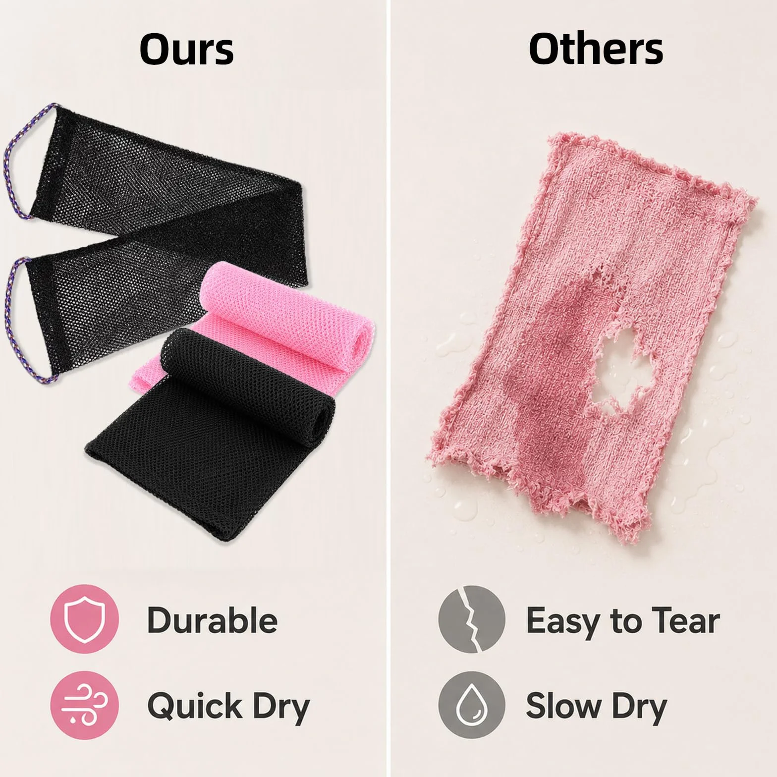Serviette Exfoliante Réutilisable Filet de Douche Africain Nylon Résistant pour Corps Femmes Hommes Noir Rose