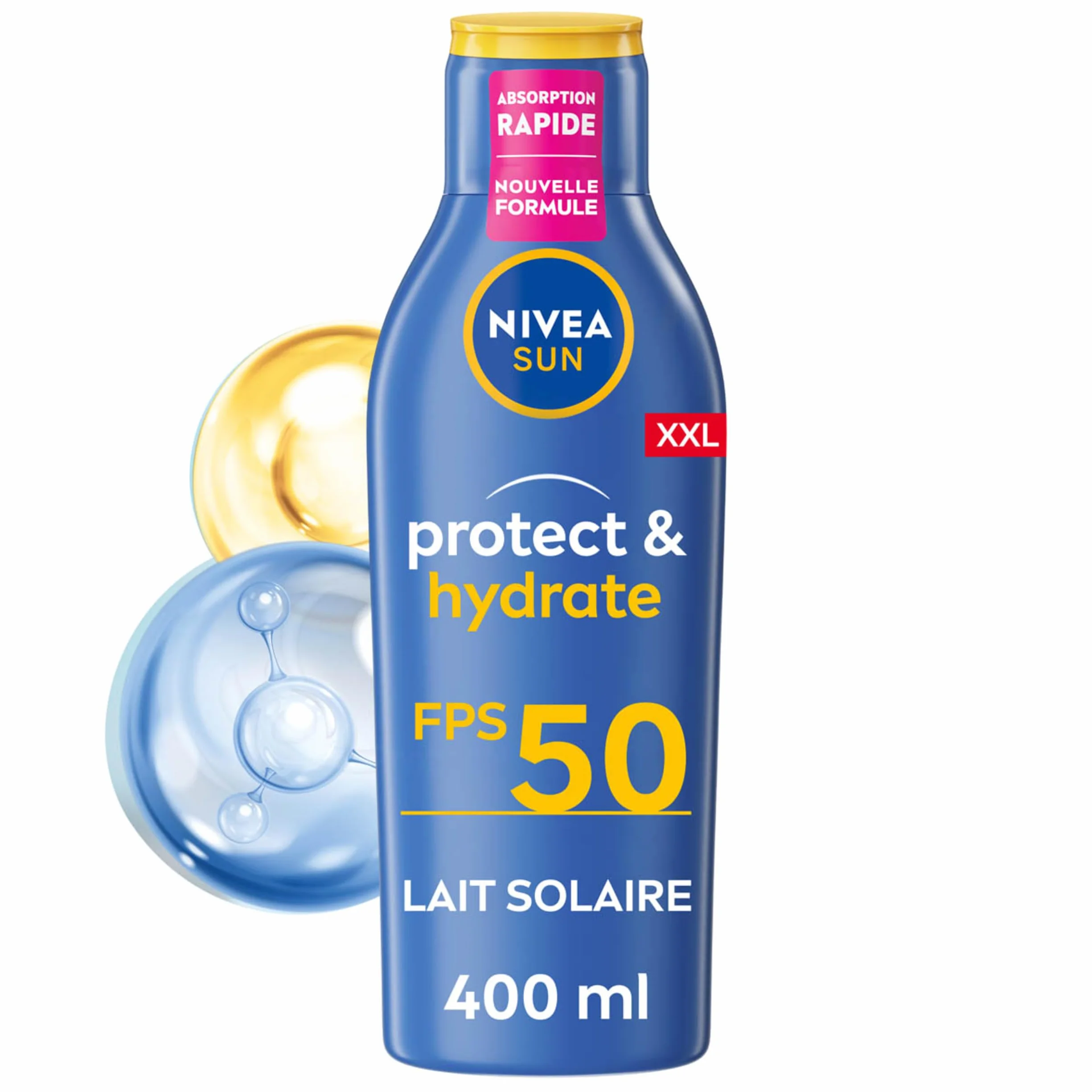 NIVEA SUN Lait Solaire Protect & Hydrate SPF 50+ 400 ml Crème Solaire résistante à l'eau Haute Protection Visage et Corps