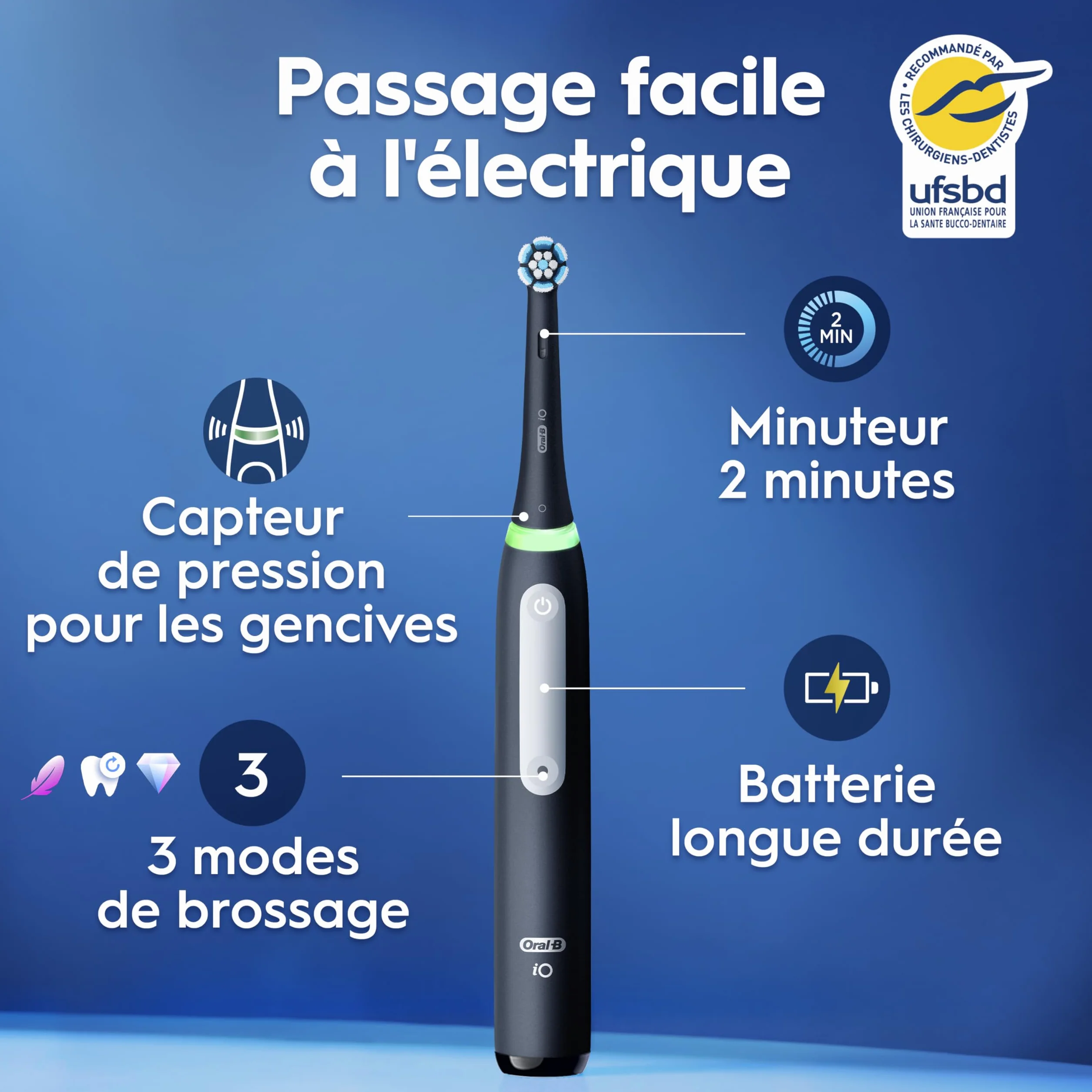 Oral-B Brosse à Dents Électrique iO 3 Noire, 3 Modes Silencieux, Capteur de Pression, Batterie Rechargeable