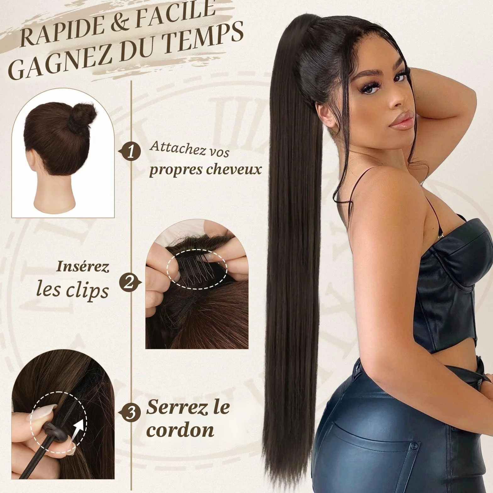 BARSDAR Queue de Cheval Extension avec Cordon, 86cm Longue Raides Queue de Cheval Extension Cheveux Synthétique Faux Ponytail Postiche Clip in Ponytail pour Femmes Quotidienne - Brun Foncé