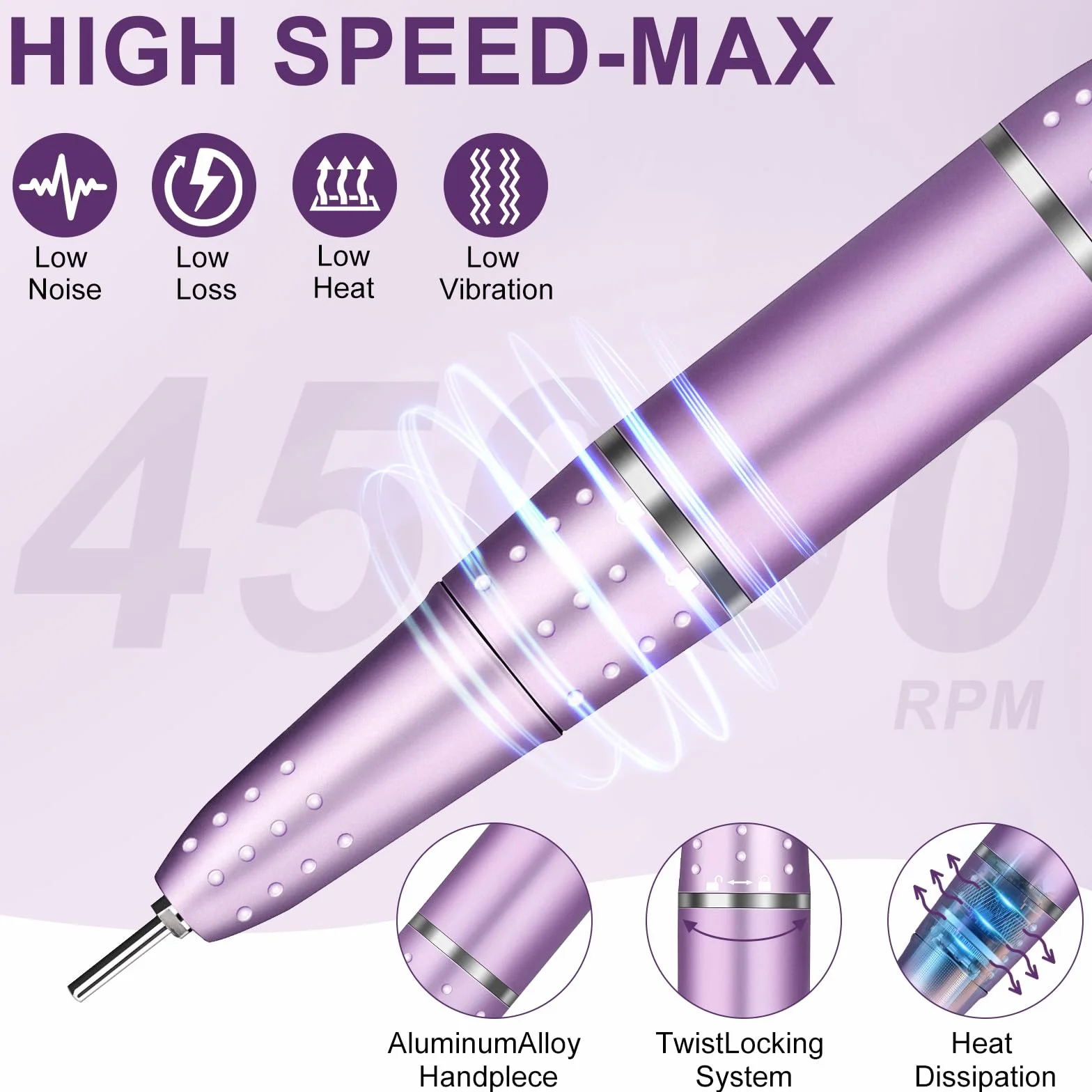 45000RPM Ponceuse à Ongles Professionnelle, Urbuti Ponceuse pour Ongles Électrique avec 11 Embouts et Écran LED, Limes à Ongles Portable pour Ongles en Acrylique et Gel, Manucure et Pédicure (Violet)
