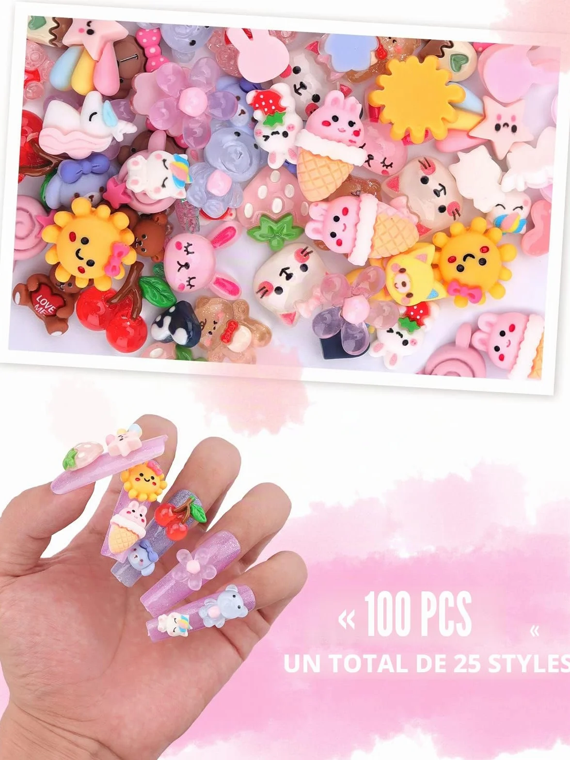 Lot de 100 breloques à ongles Kawaii en résine à dos plat pour fabrication de bijoux
