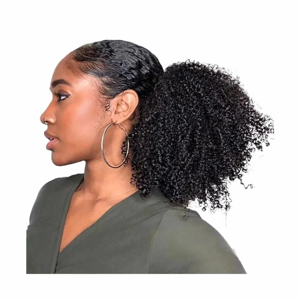 Health Extension de queue de cheval afro courte bouclée avec cordon de serrage pour femme noire Synthétique Afro Puff Queue de cheval avec clips Soins personnels (Noir)