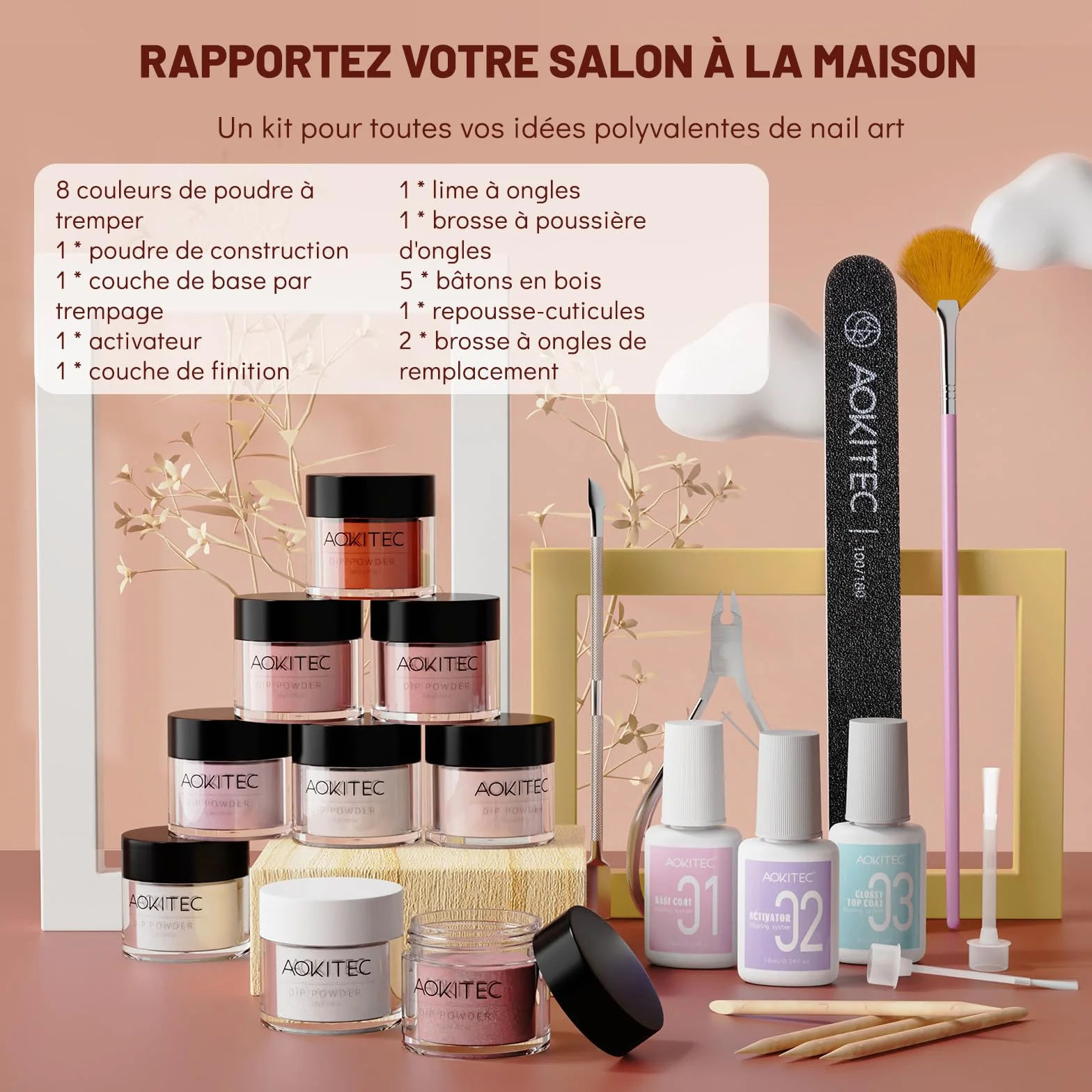Aokitec Kit de poudre à ongles 8+1 couleurs poudre construction base activateur finition nail art français