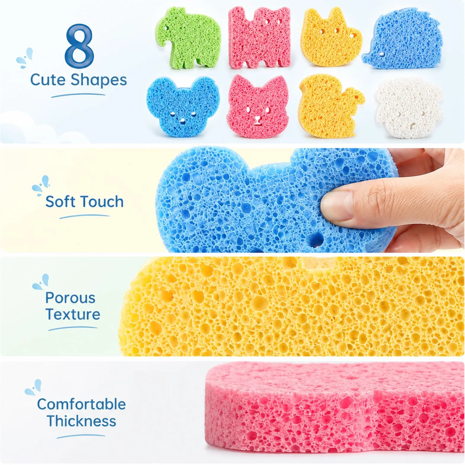 Éponges Bebe de Bain 8 Pièces, Éponges Mignonnes pour Tout-petits et Enfants, Exfoliante Multifonctionnelle Accessoires Douche