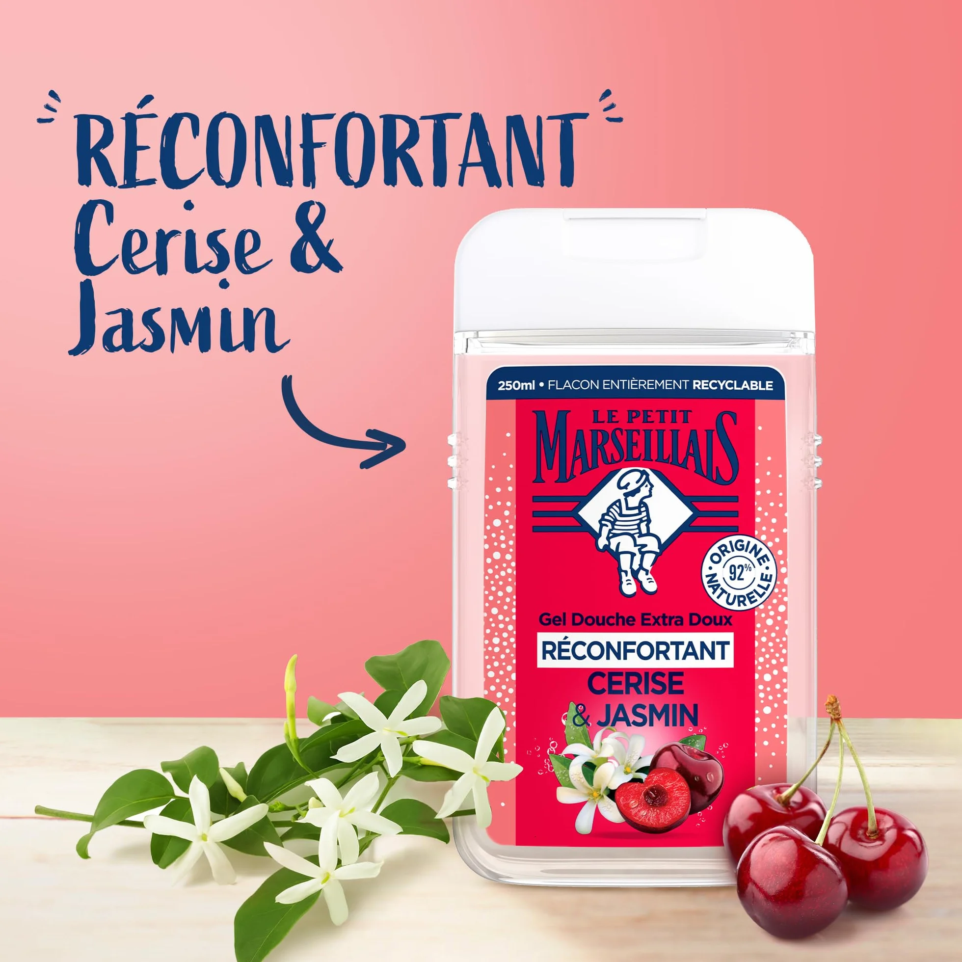 Le Petit Marseillais Gel Douche Extra Doux Réconfortant Cerise & Jasmin 250 ml – 92% Ingrédients Naturels pH Neutre