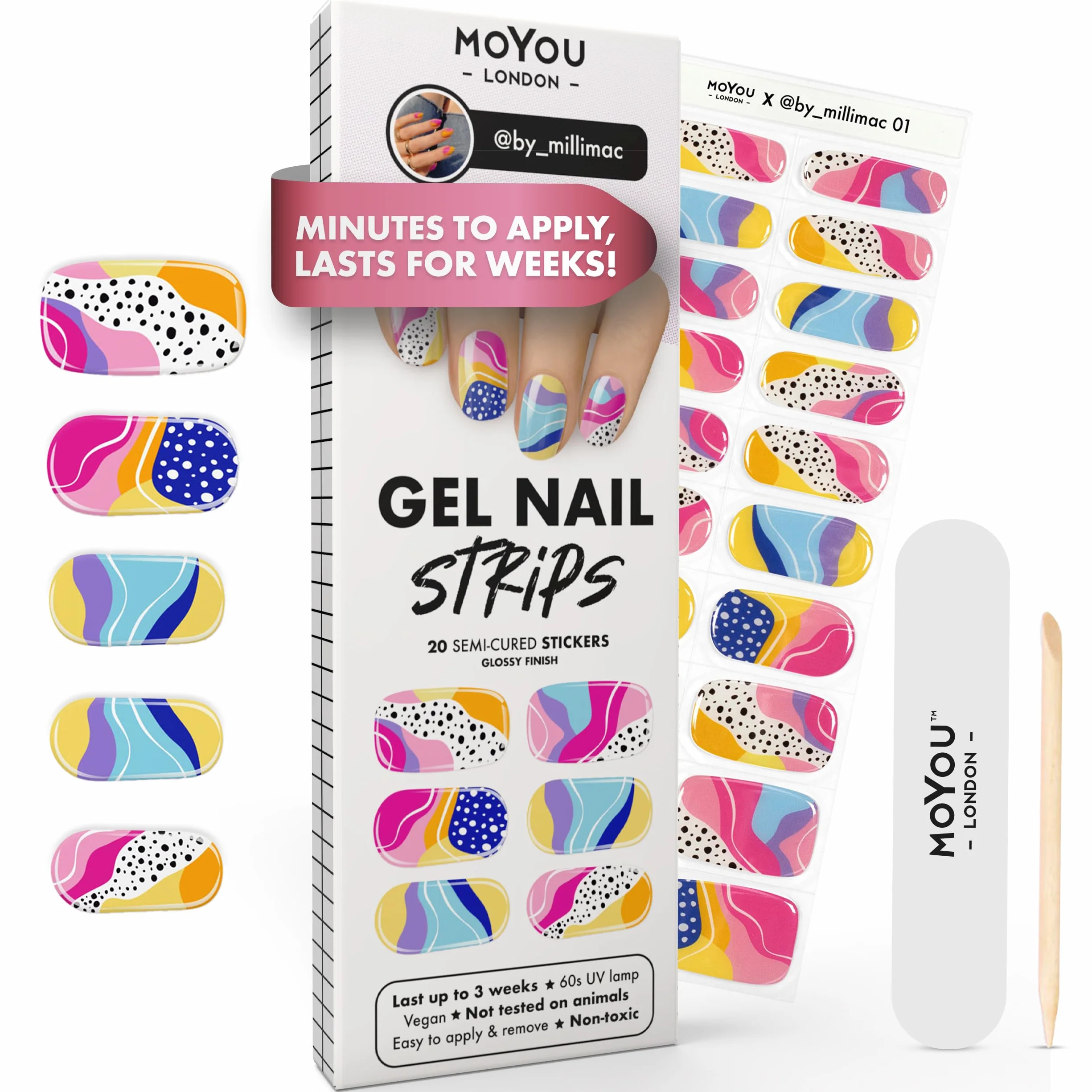 MOYOU LONDON Autocollants auto-adhésifs pour ongles en Gel Semi-durci, lampe UV/LED requise, 20 enveloppes de vernis à ongles en Gel, autocollants pour Nail Art - by_millimac 01