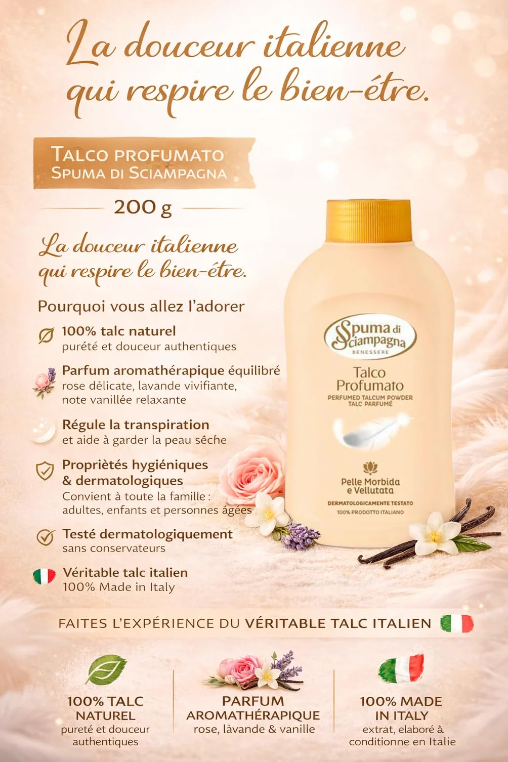 Spuma di Sciampagna Talco Profumato 200 g Talc Naturel Parfum Aromathérapique Rose Lavande Vanille Made in Italy
