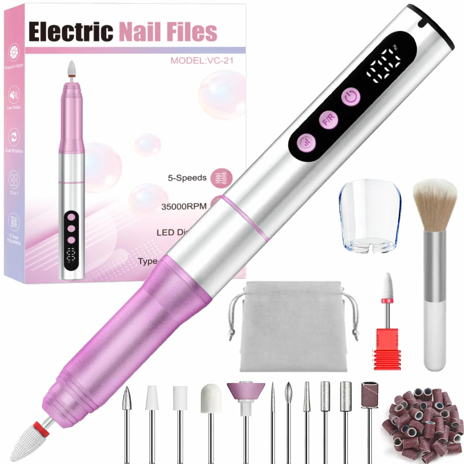 Oukzon Ponceuse pour Ongles Professionnel, 35000 tr/min Lime a Ongle Electrique Sans Fil, 13 en 1 Lime Electrique Ongle Avec LED écran Numérique, USB Rechargeable Ponceuse Ongle kit Manucure