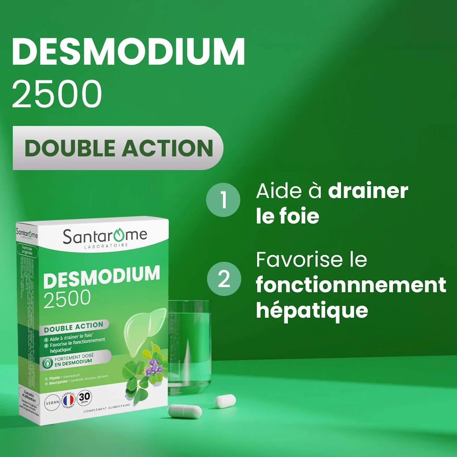 Santarome Bio Desmodium 2500 Complément Alimentaire Détoxifiant du Foie 30 Gélules Végan Made In France