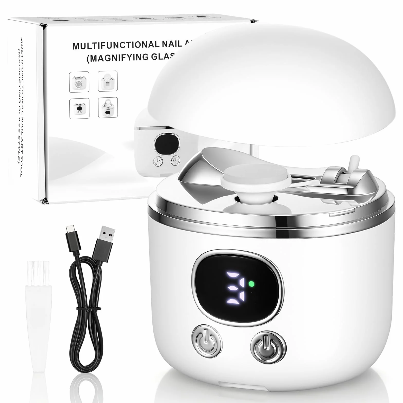 Coupe Ongle Électrique, Coupe-ongles automatique avec loupe à lumière LED, Coupe et Polissage automatiques + Rangement pour les résidus d'ongles, 3 Vitesse + écran numérique (Blanc)