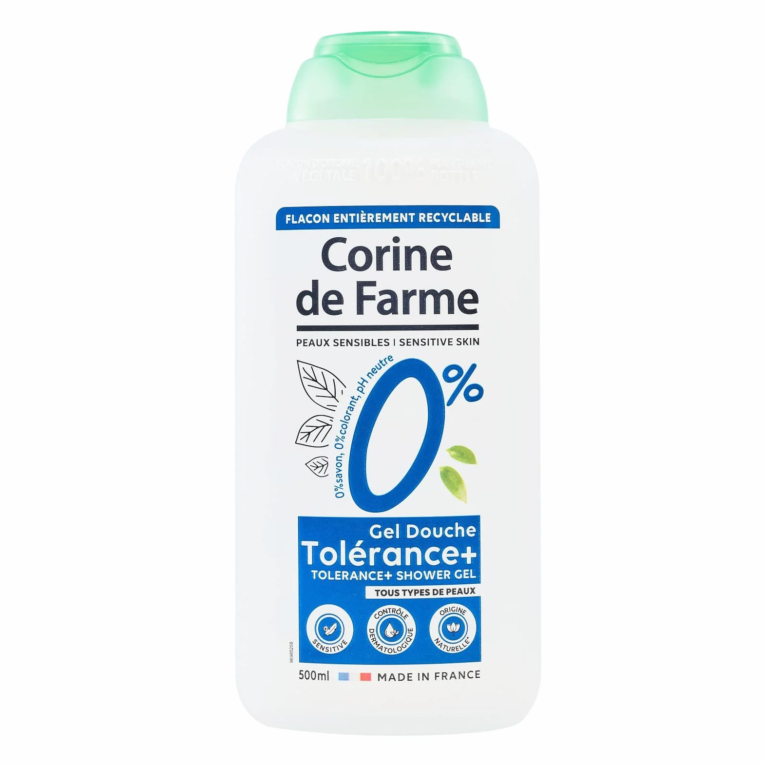 Corine de Farme Gel Douche Hypoallergénique 0% Tolérance+ Peaux Sensibles pH Neutre Sans Savon ni Colorant 500ml