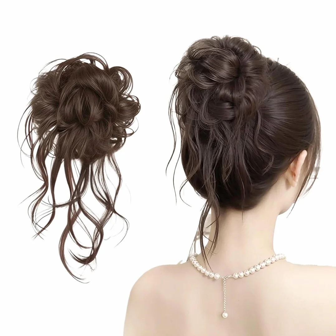Chignon Postiche Cheveux, Bouclés Ondulés Extensions Chouchou Postiche Cheveux, Faux Chignon Elastique pour Femmes Fille, Brun Clair